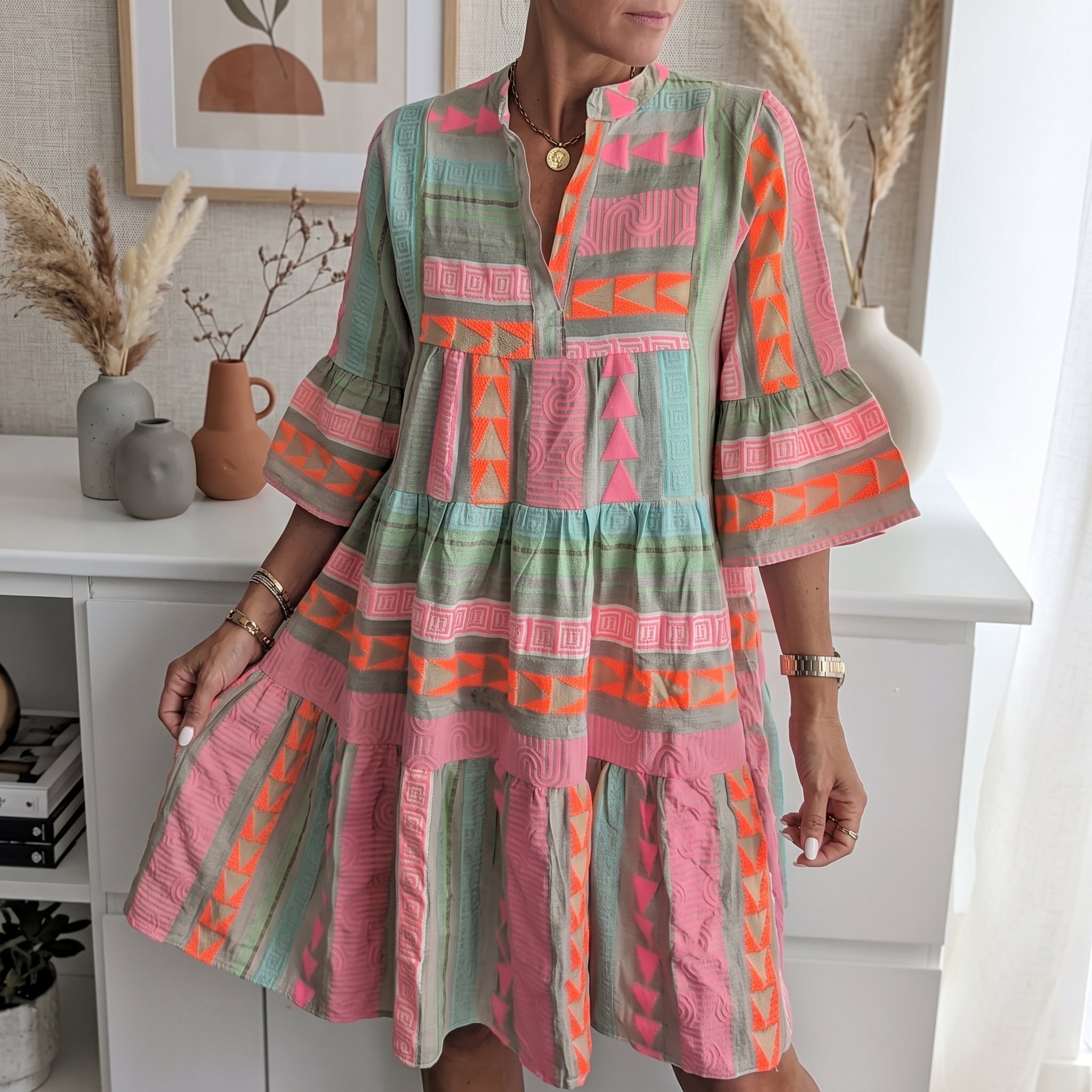 Clara - Women's Summer Printed Flared Sleeve Midi Dress - Midi Dress - Pink - Taylor & Bennett