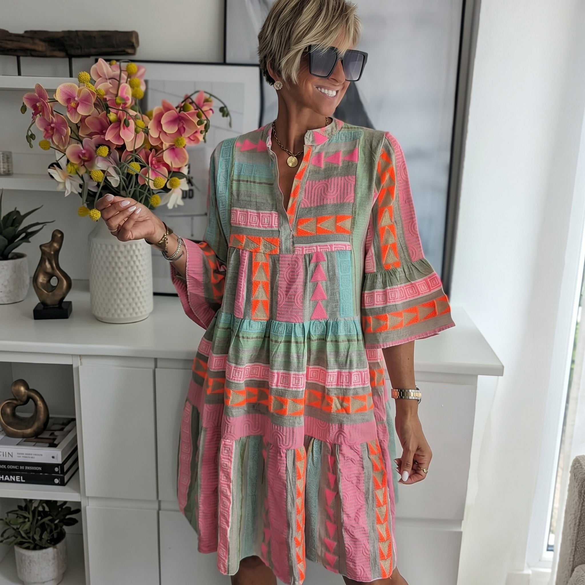 Clara - Women's Summer Printed Flared Sleeve Midi Dress - Midi Dress - Pink - Taylor & Bennett