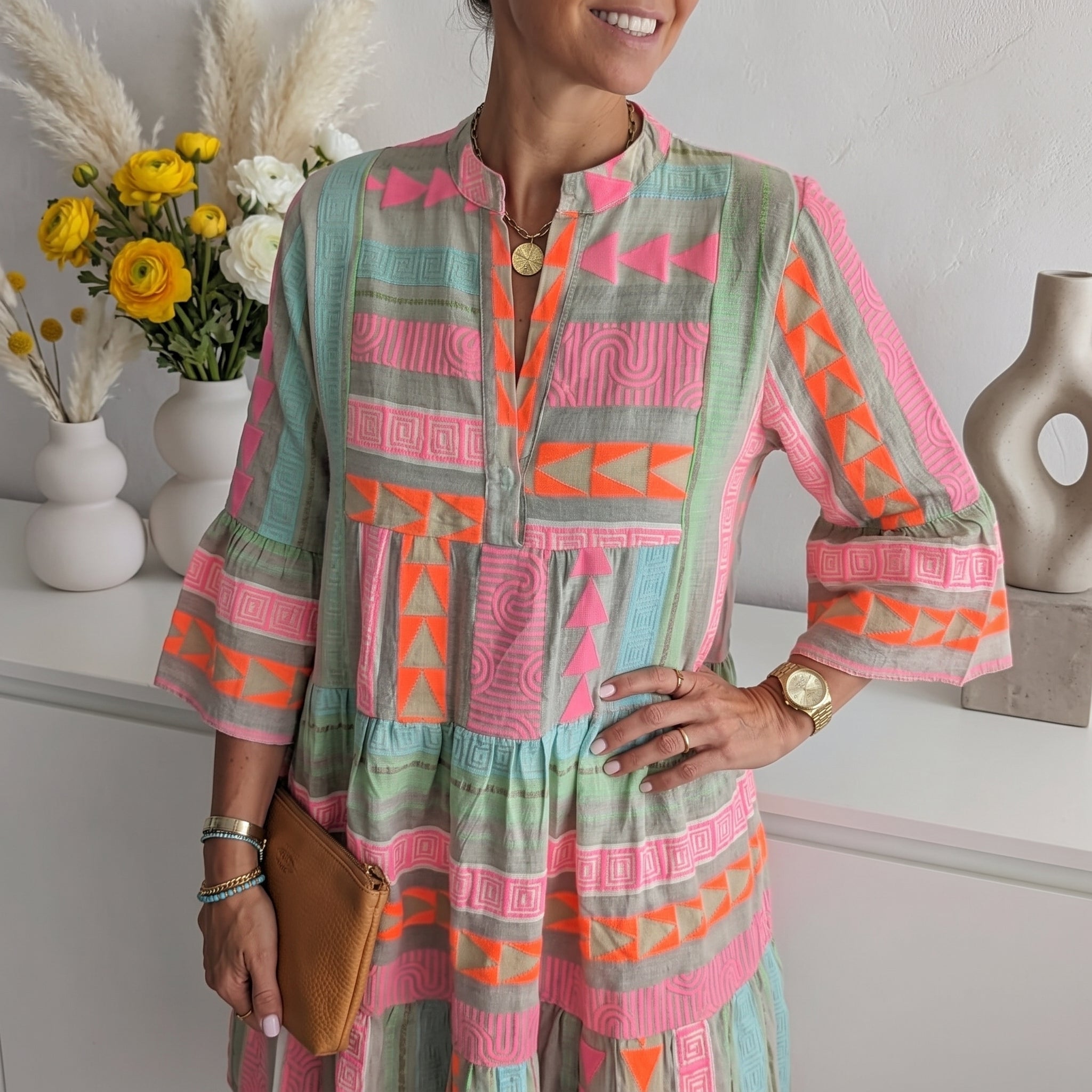Clara - Women's Summer Printed Flared Sleeve Midi Dress - Midi Dress - Pink - Taylor & Bennett