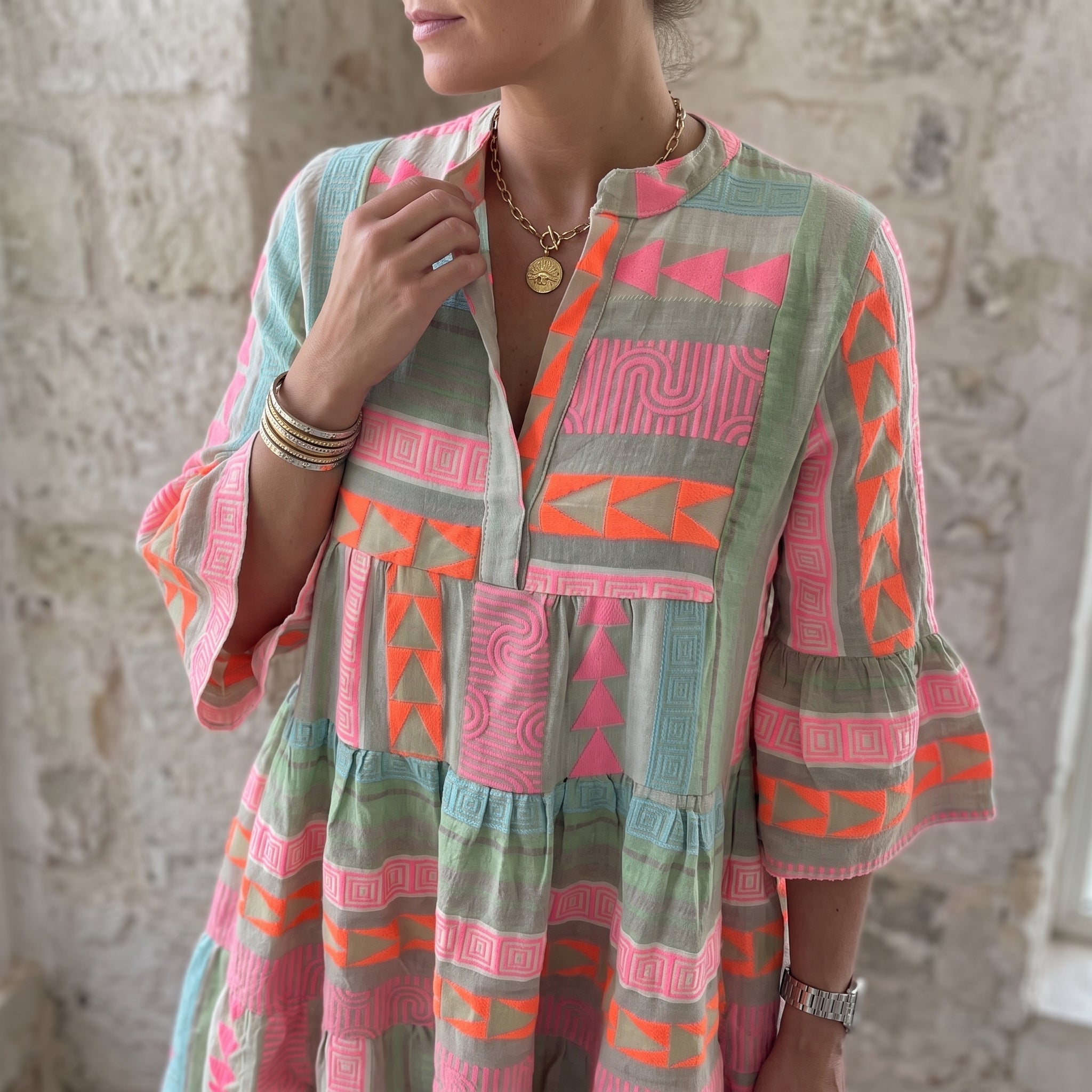Clara - Women's Summer Printed Flared Sleeve Midi Dress - Midi Dress - Pink - Taylor & Bennett