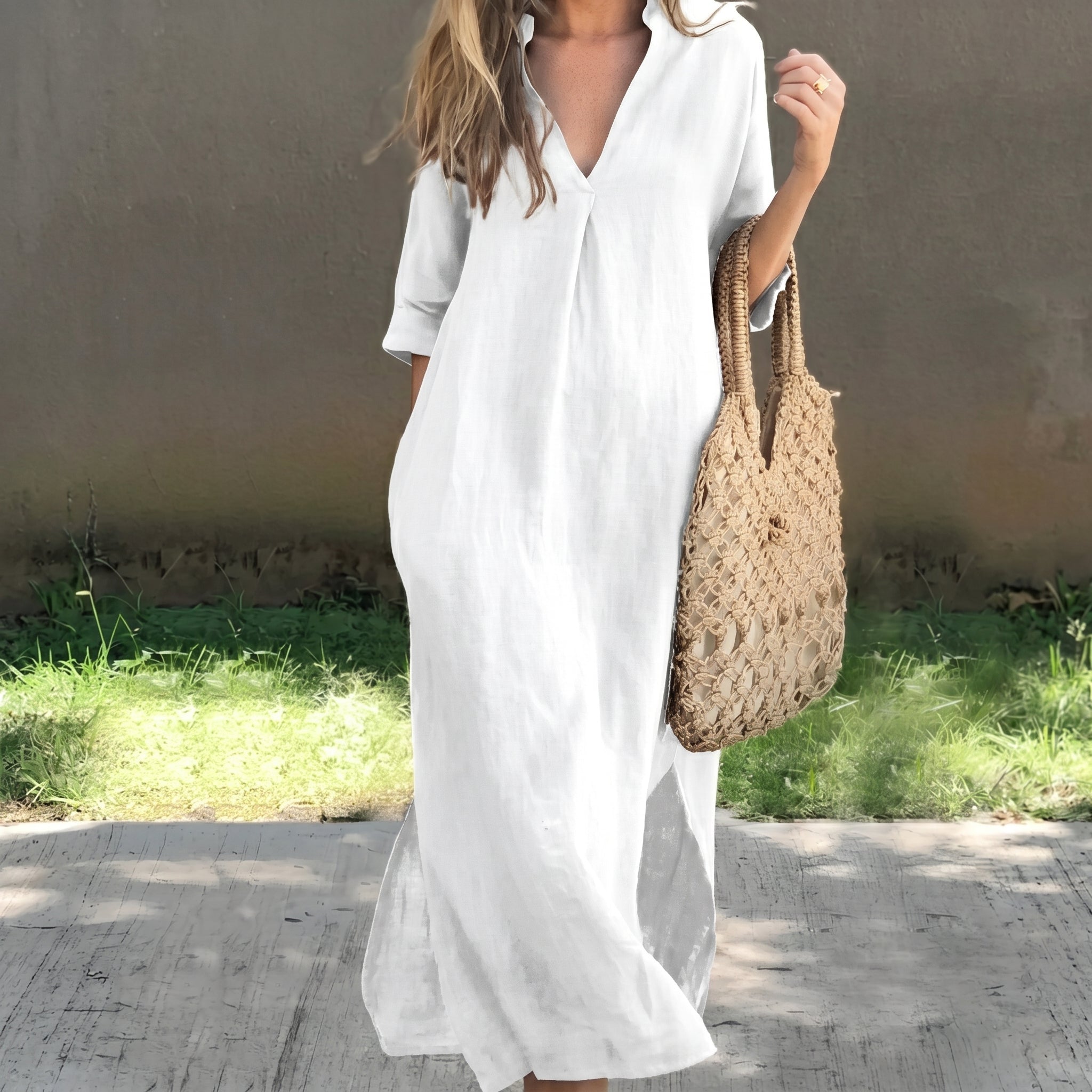 Clara - Women's Summer Relaxed Fit 3/4 Sleeve Maxi Dress - Maxi Dress - White - Taylor & Bennett