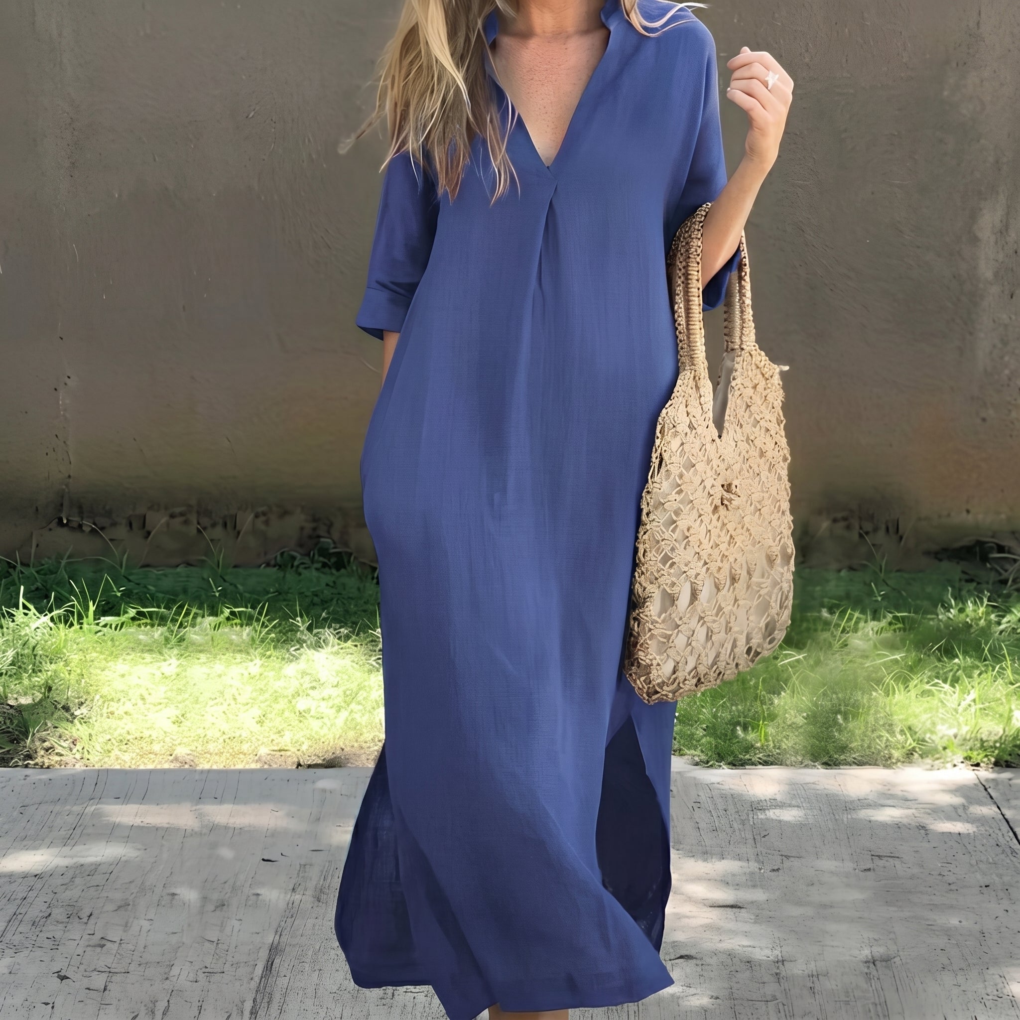 Clara - Women's Summer Relaxed Fit 3/4 Sleeve Maxi Dress - Maxi Dress - Blue - Taylor & Bennett