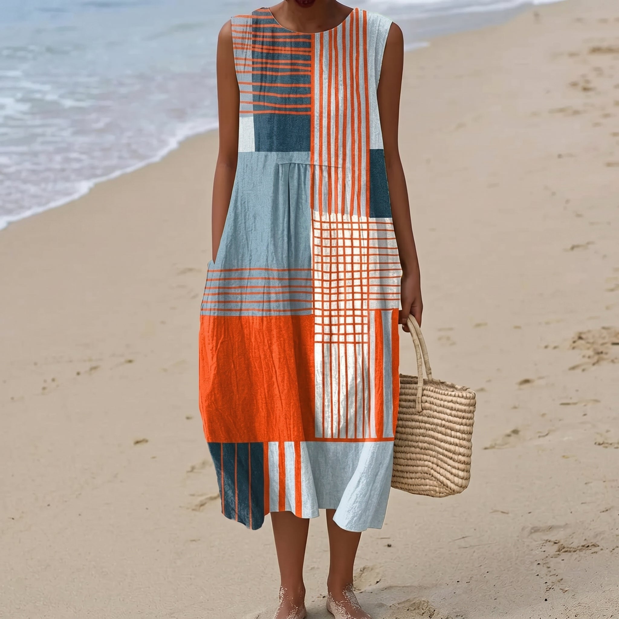Clara - Women's Summer Sleeveless Colour Block Midi Dress - Dresses - Orange - Taylor & Bennett