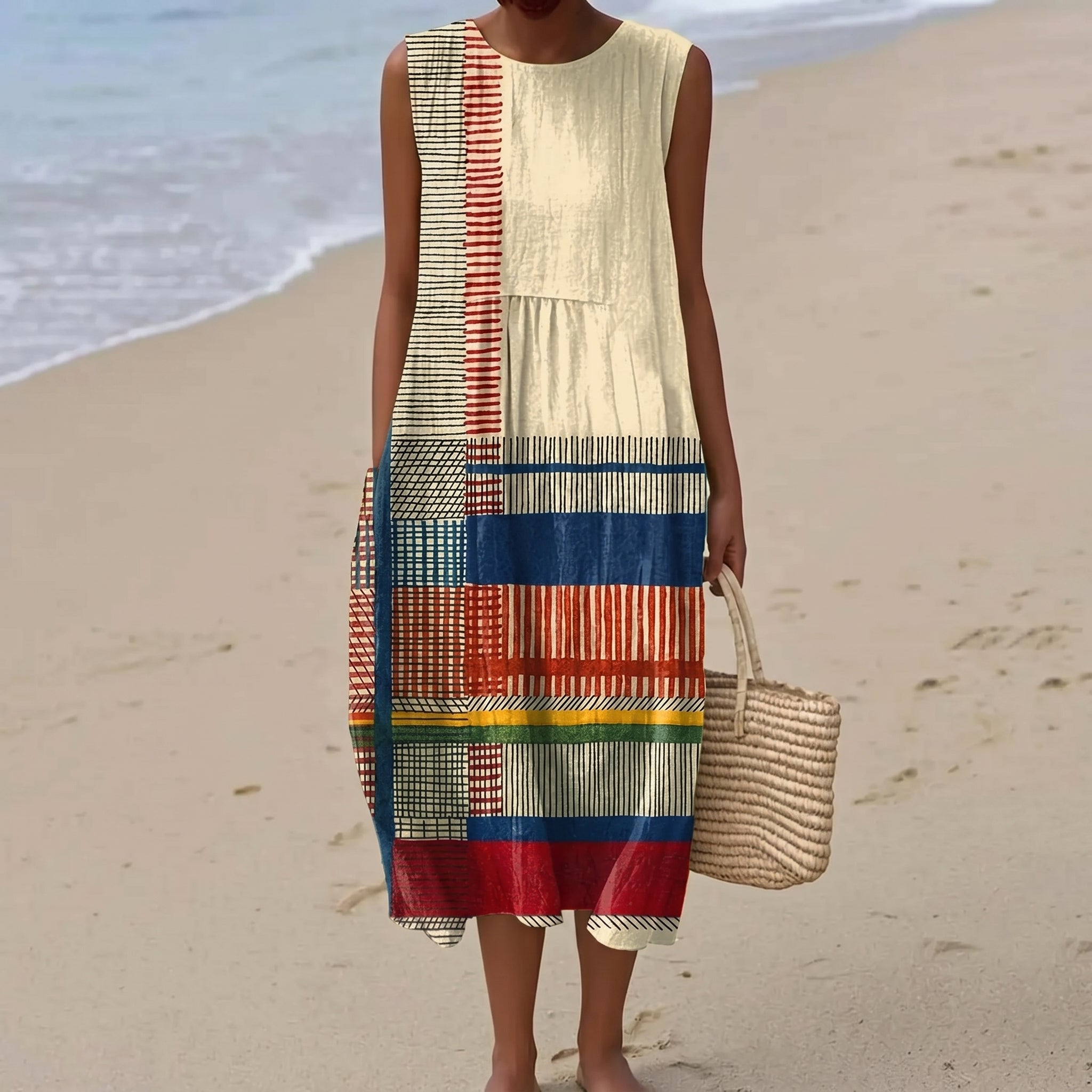Clara - Women's Summer Sleeveless Colour Block Midi Dress - Dresses - Beige - Taylor & Bennett