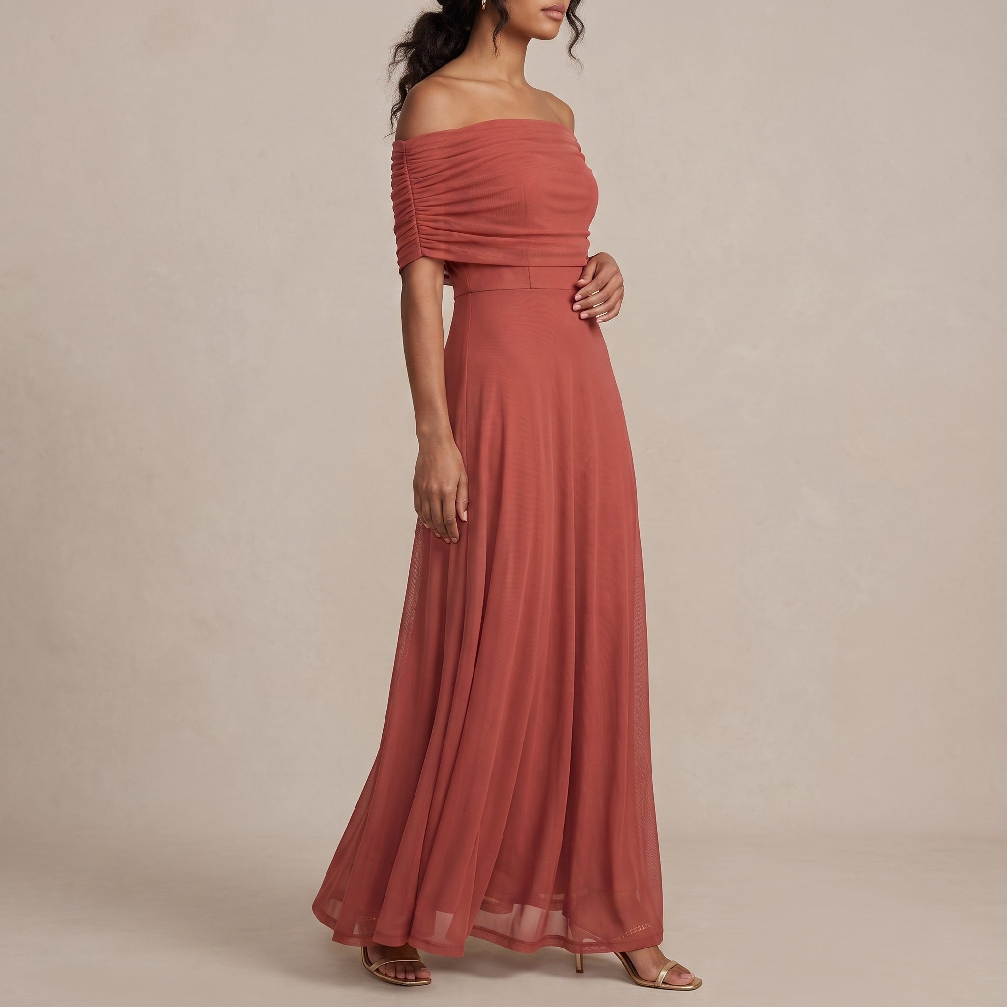 Clara - Women's Wedding Guest Off-Shoulder Ruched Maxi Dress - Dresses - Red - Taylor & Bennett