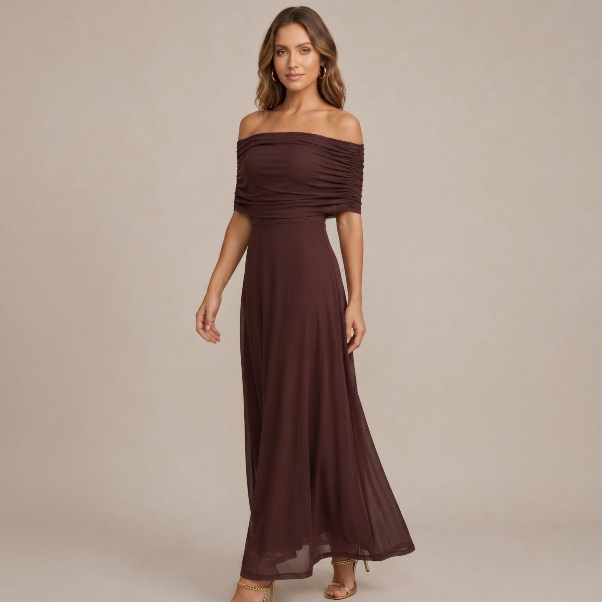 Clara - Women's Wedding Guest Off-Shoulder Ruched Maxi Dress - Dresses - Brown - Taylor & Bennett
