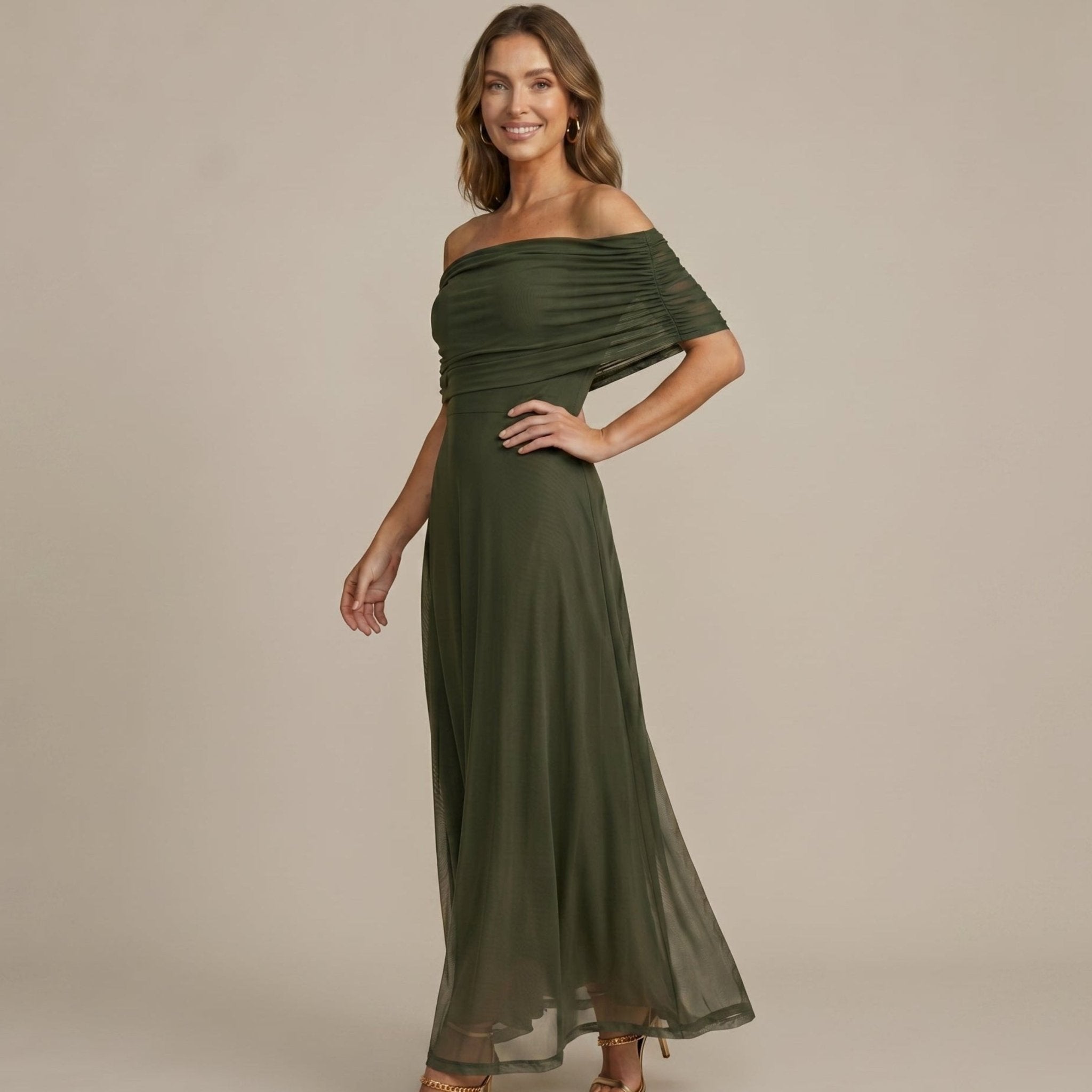 Clara - Women's Wedding Guest Off-Shoulder Ruched Maxi Dress - Dresses - Army Green - Taylor & Bennett