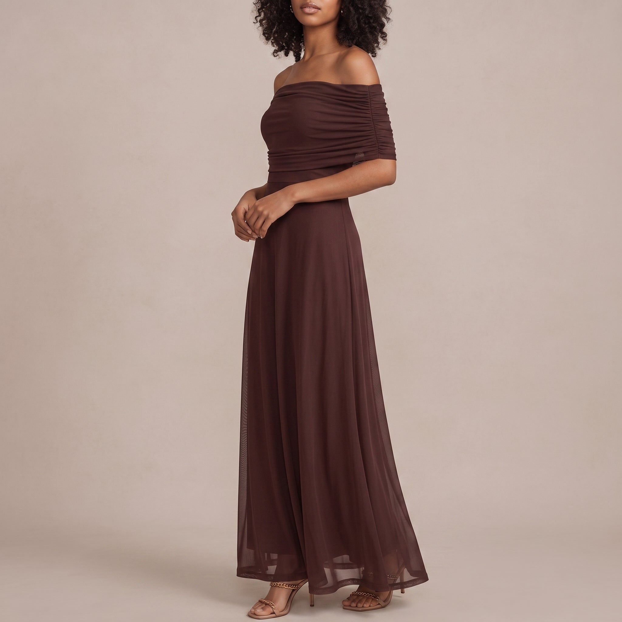 Clara - Women's Wedding Guest Off-Shoulder Ruched Maxi Dress - Dresses - Brown - Taylor & Bennett