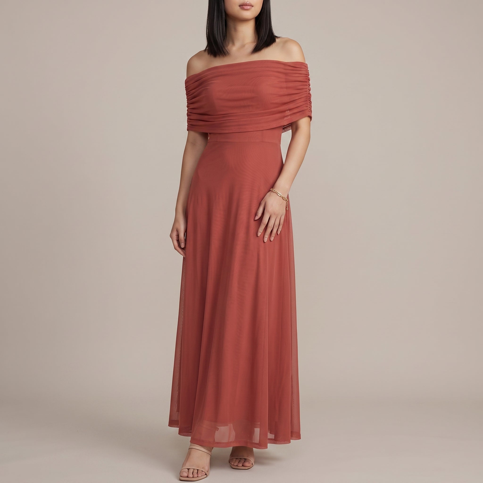 Clara - Women's Wedding Guest Off-Shoulder Ruched Maxi Dress - Dresses - Red - Taylor & Bennett