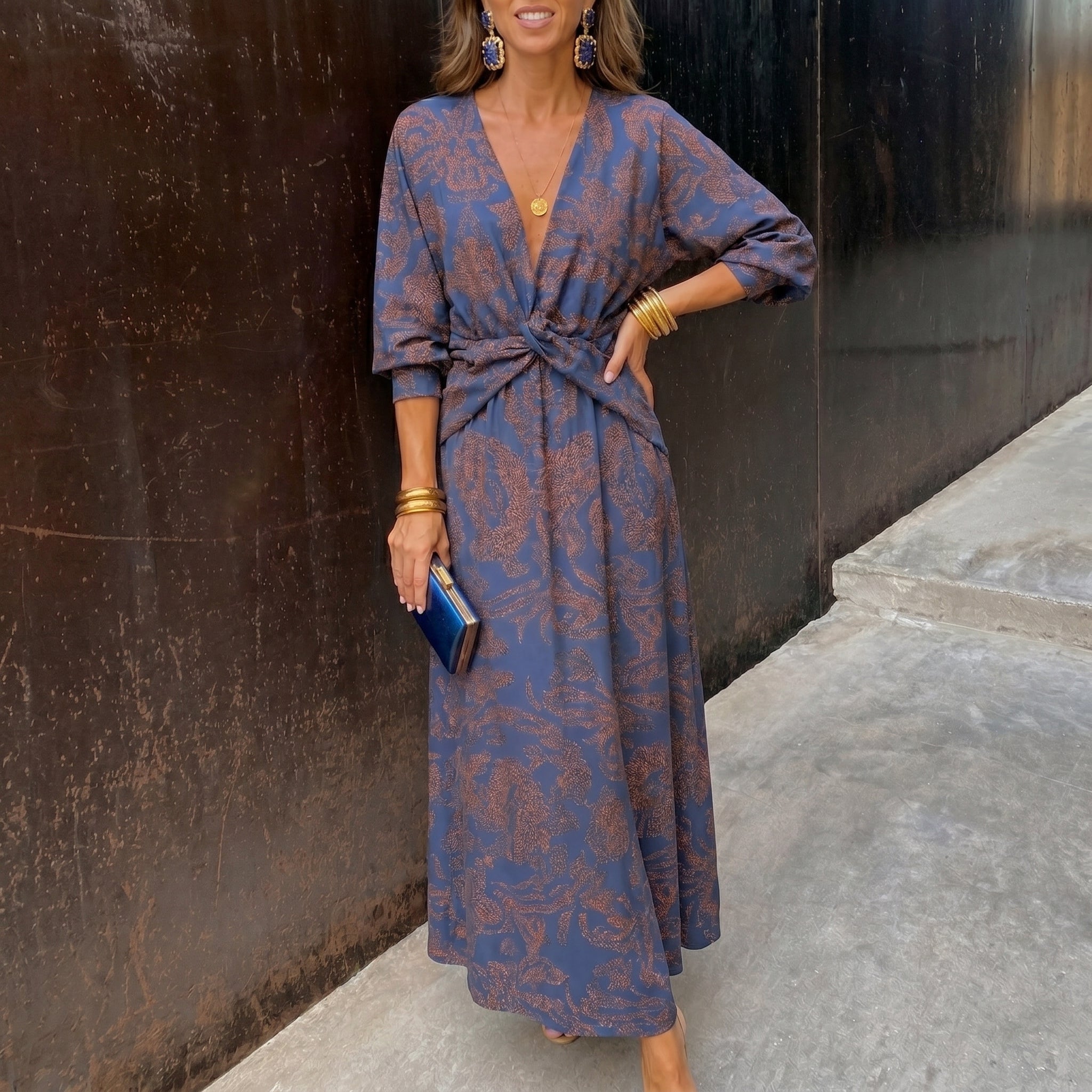 Clara - Women's Wedding Guest Vintage Floral Midi Dress - Midi Dress - Blue - Taylor & Bennett