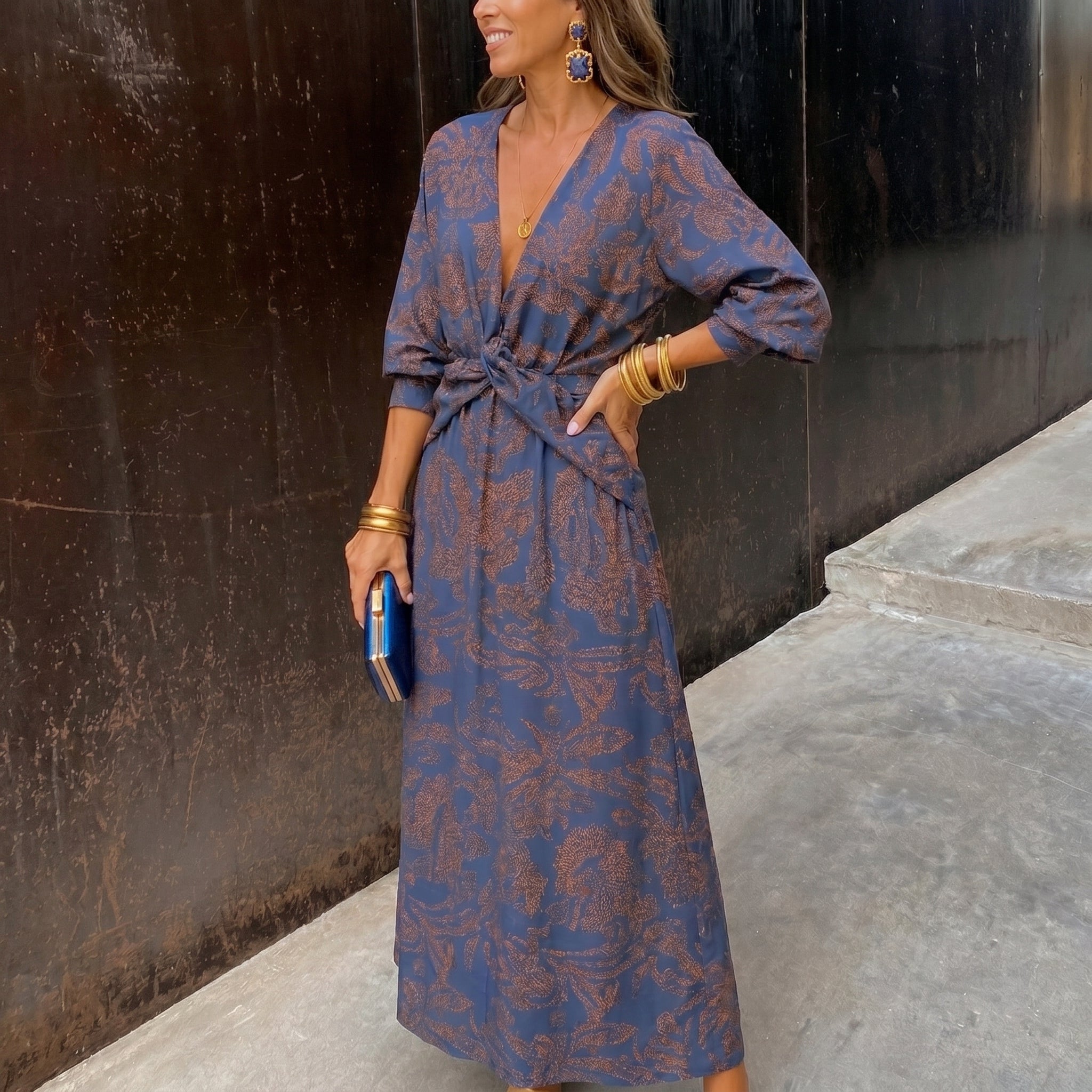 Clara - Women's Wedding Guest Vintage Floral Midi Dress - Midi Dress - Blue - Taylor & Bennett