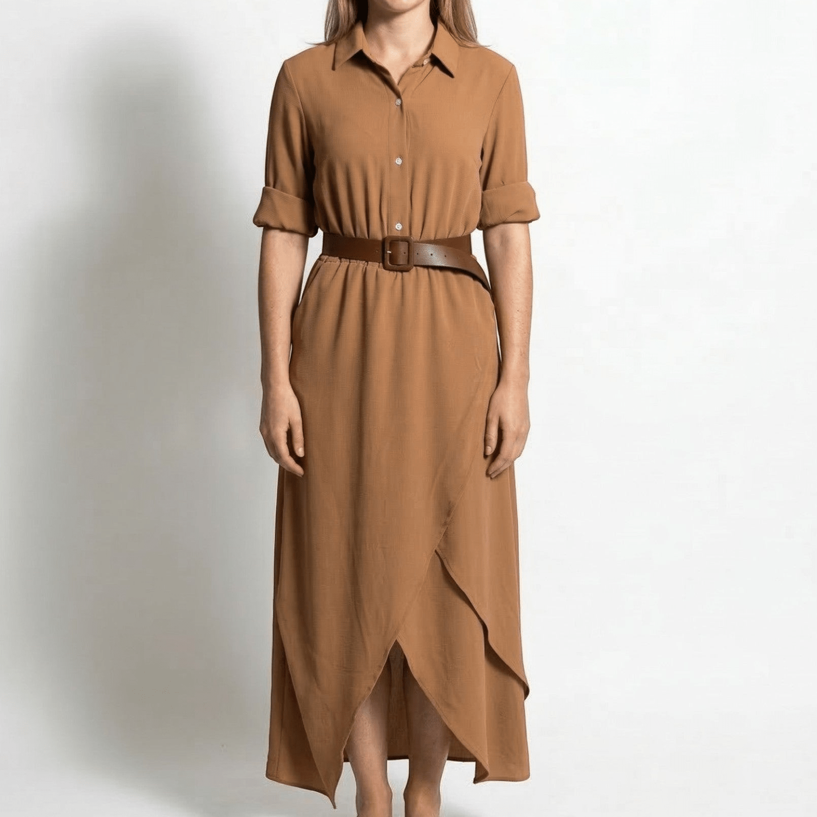 Clara - Women's Wrap Maxi Dress with Belted Waist - Maxi Dress - Khaki - Taylor & Bennett
