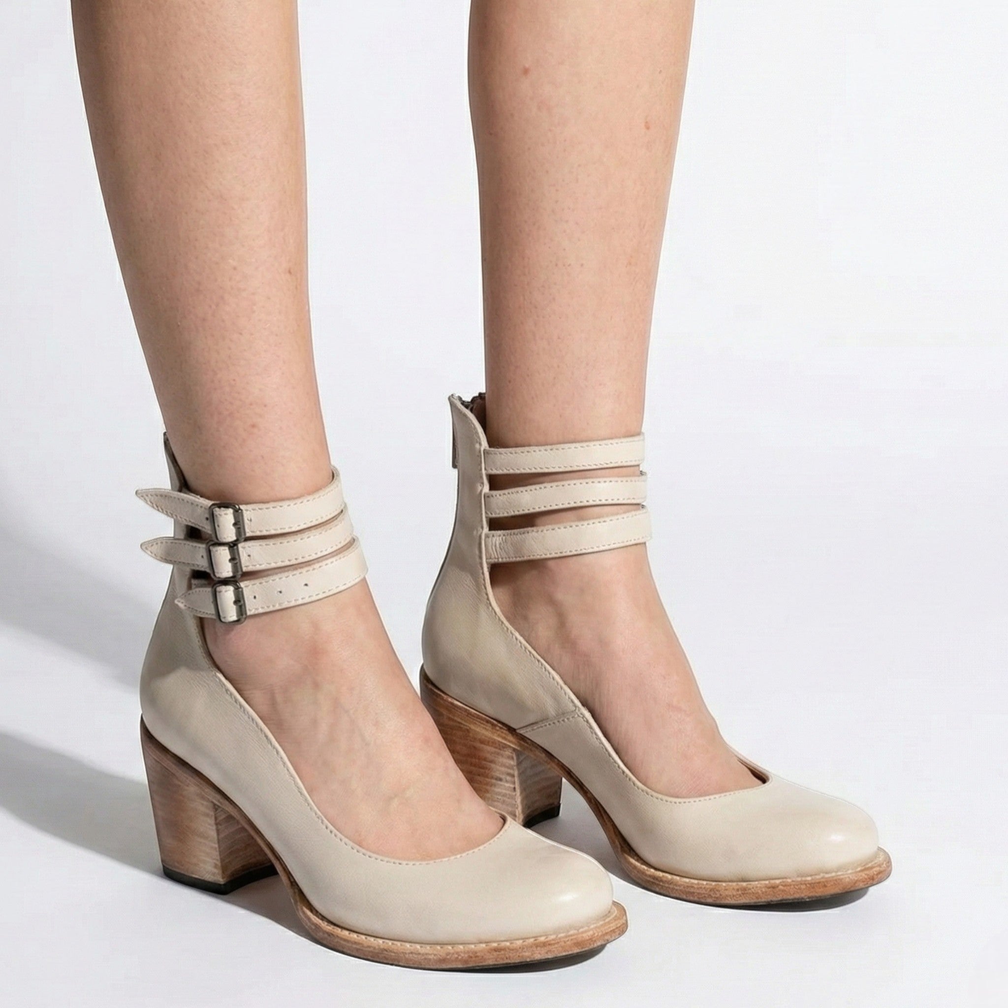 Daisy - Women's Block Heel Ankle Boots with Triple Buckle Straps - Sandals - White - Taylor & Bennett