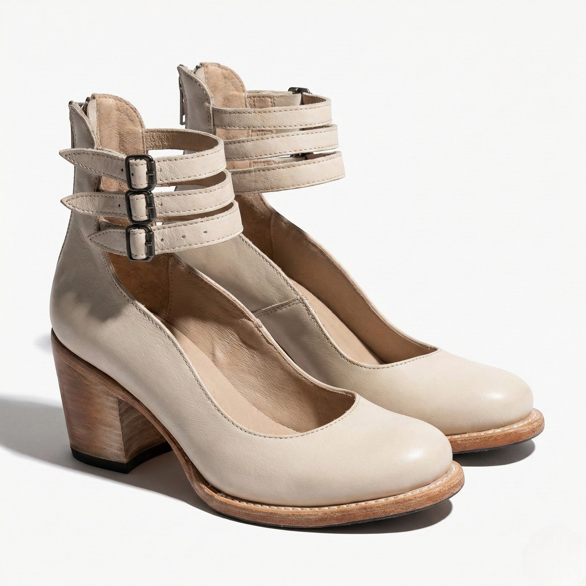 Daisy - Women's Block Heel Ankle Boots with Triple Buckle Straps - Sandals - White - Taylor & Bennett