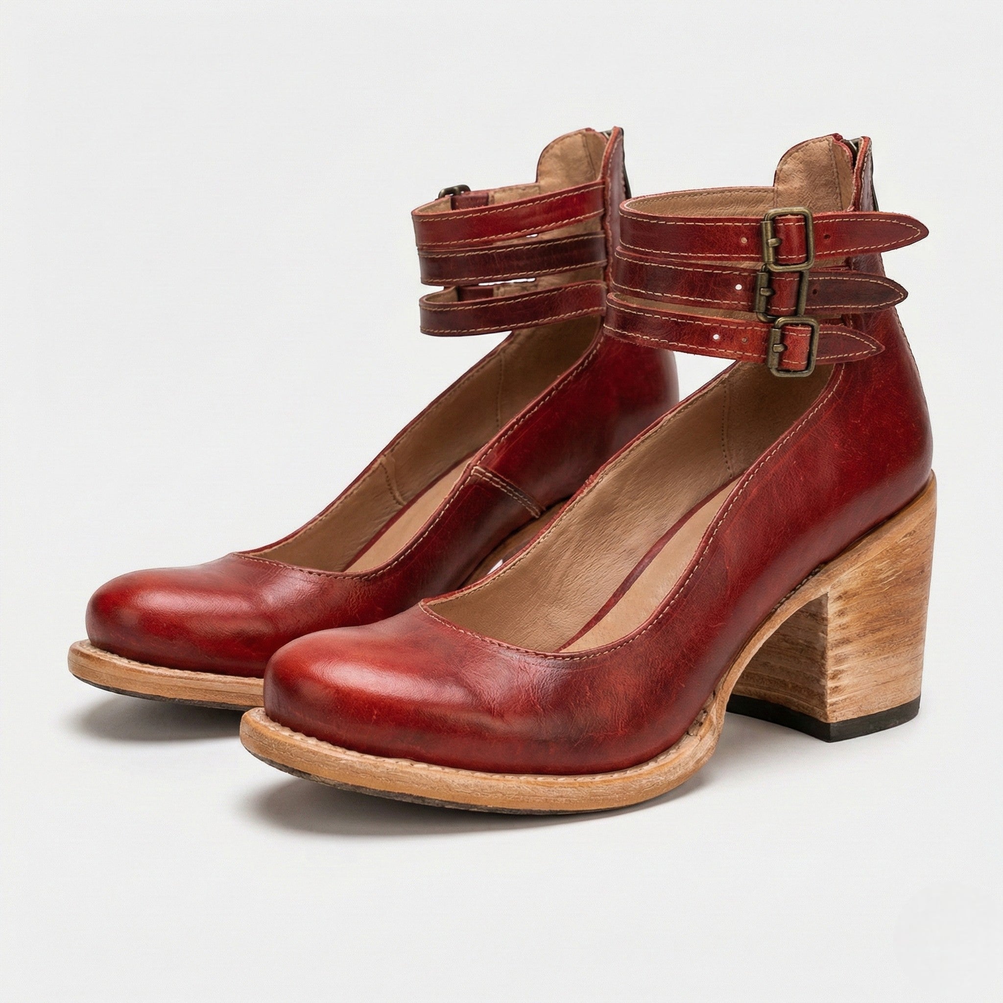Daisy - Women's Block Heel Ankle Boots with Triple Buckle Straps - Sandals - Red - Taylor & Bennett