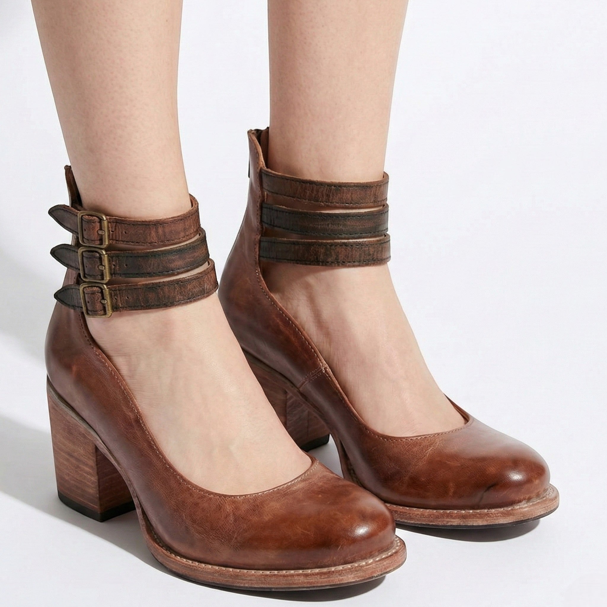 Daisy - Women's Block Heel Ankle Boots with Triple Buckle Straps - Sandals - Dark Brown - Taylor & Bennett