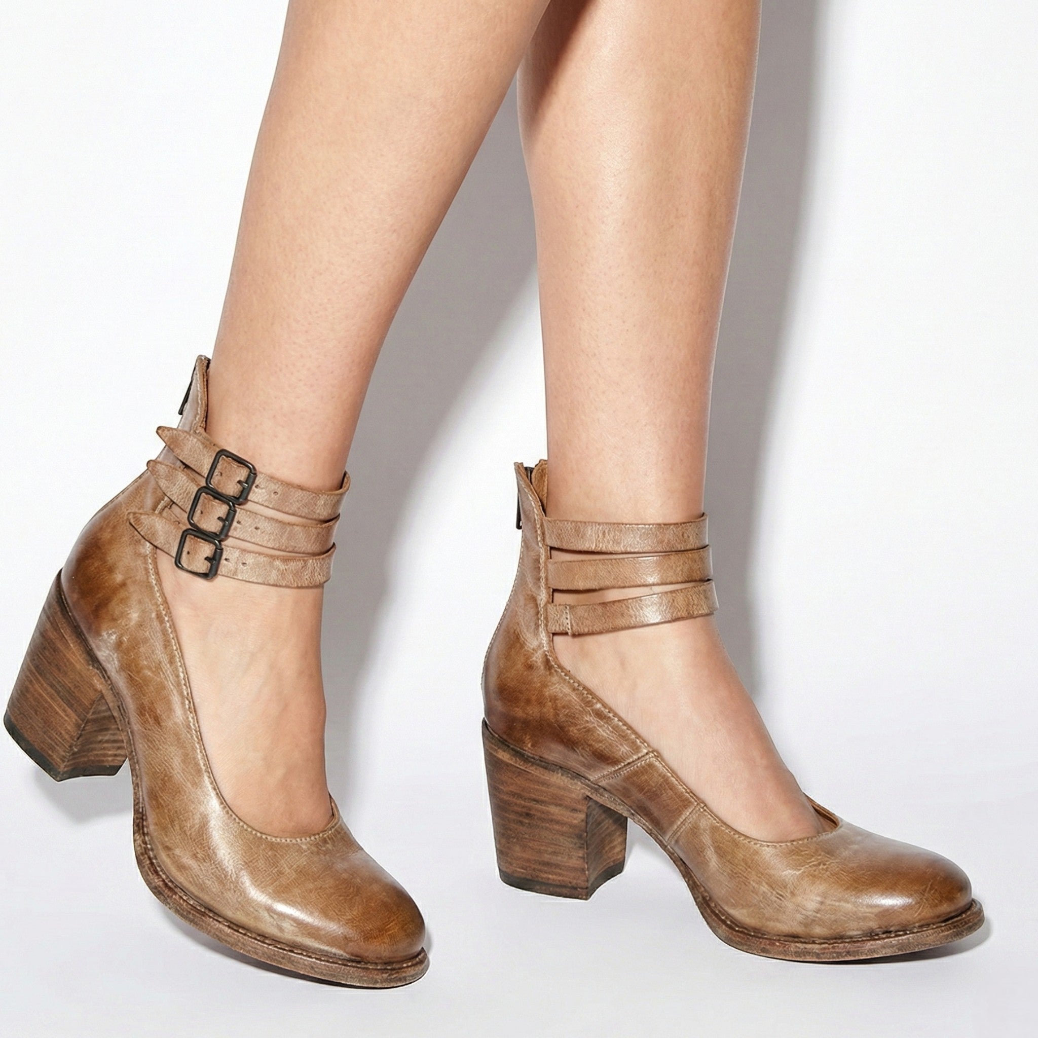 Daisy - Women's Block Heel Ankle Boots with Triple Buckle Straps - Sandals - Brown - Taylor & Bennett