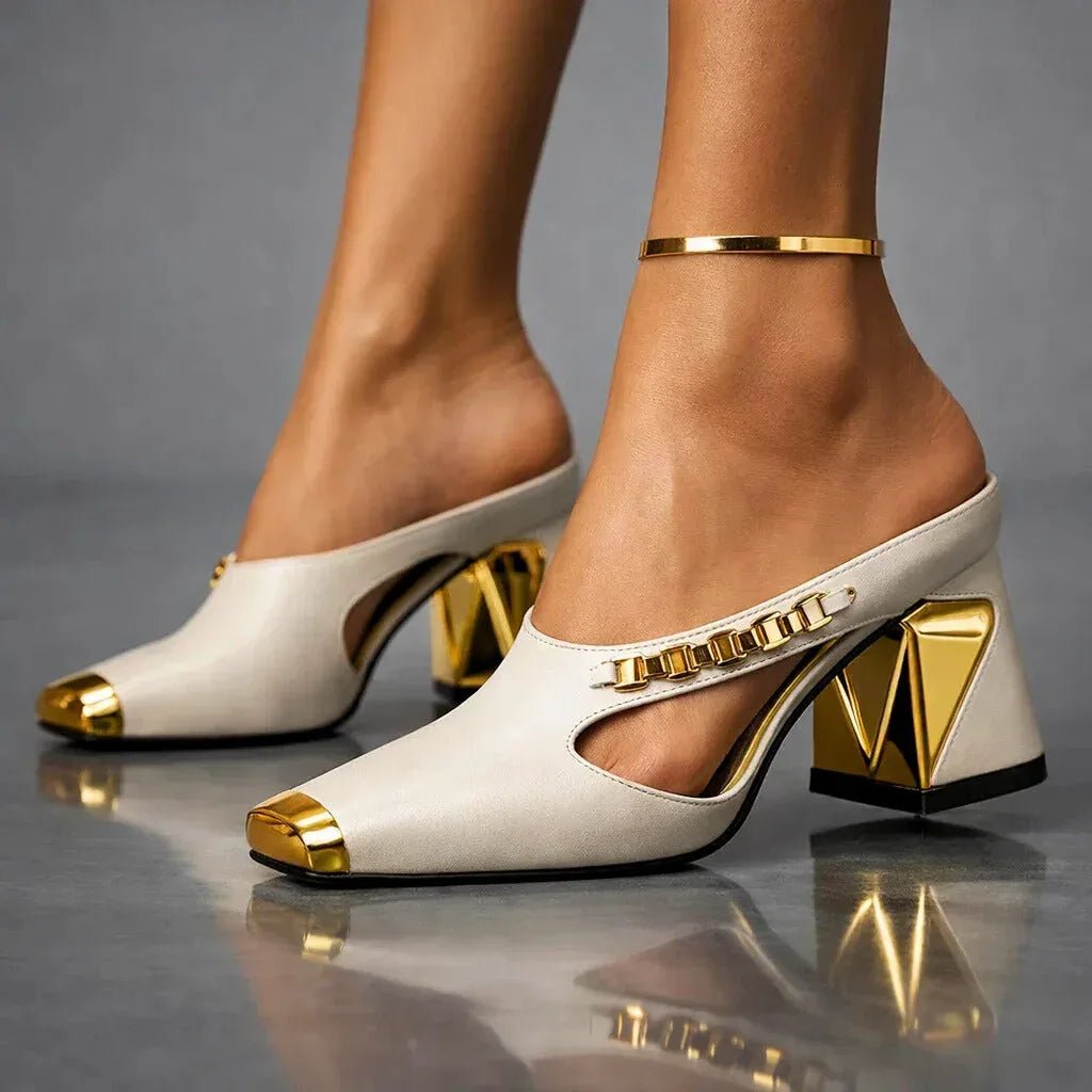 Daisy - Women's Block Heel Pumps with Gold Toe Cap - Heels - White - Taylor & Bennett