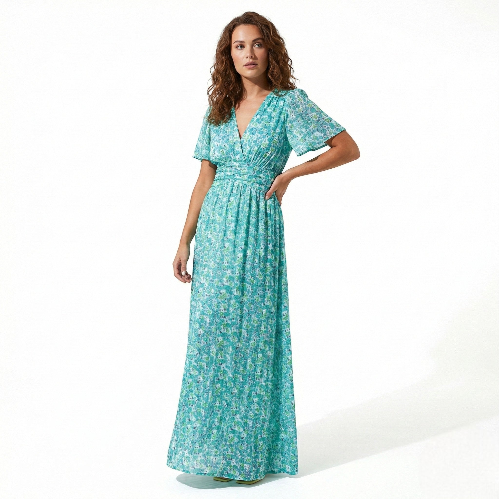 Daisy - Women's Floral Maxi Dress with V - Neck and Flutter Sleeves - Dress - Green - Taylor & Bennett