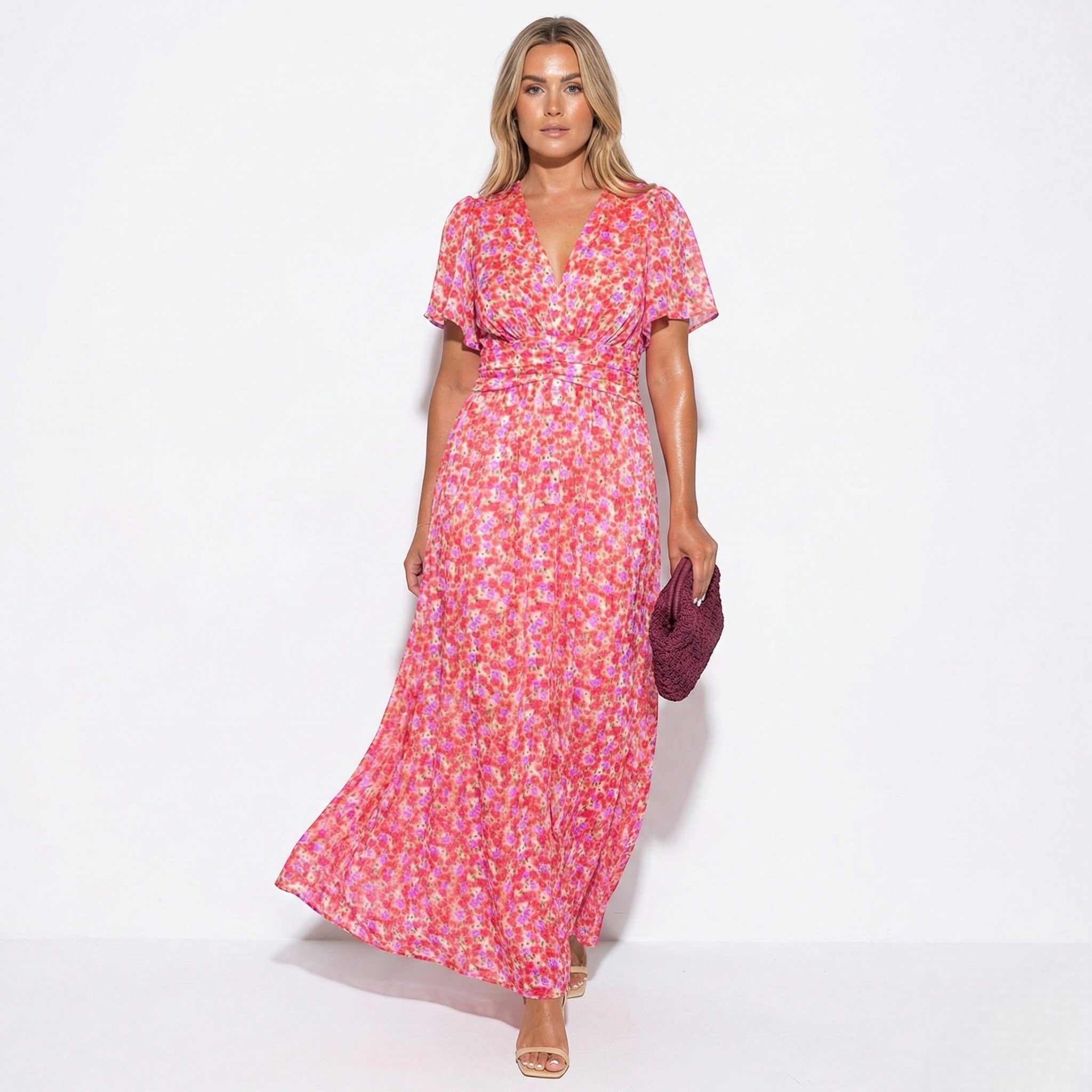 Daisy - Women's Floral Maxi Dress with V - Neck and Flutter Sleeves - Dress - Pink - Taylor & Bennett