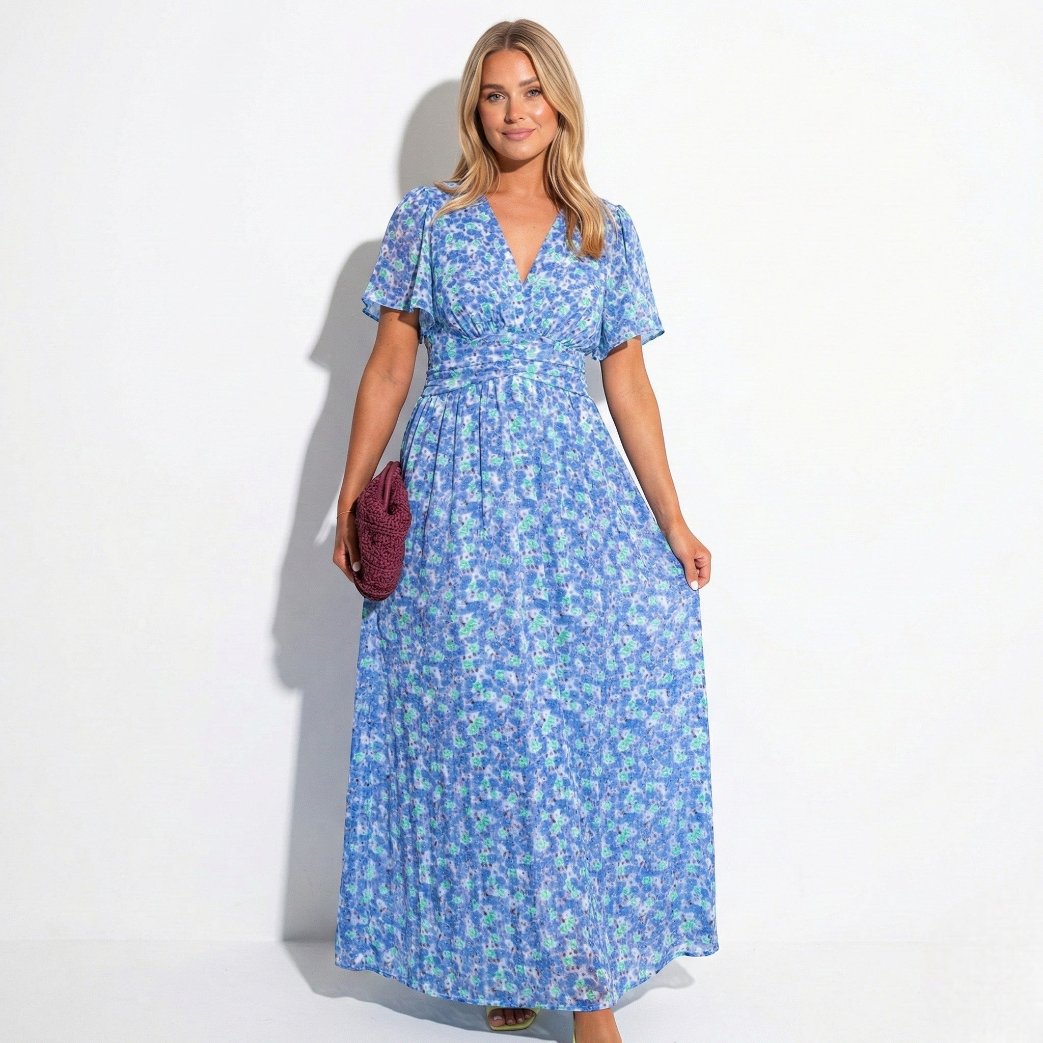 Daisy - Women's Floral Maxi Dress with V - Neck and Flutter Sleeves - Dress - Blue - Taylor & Bennett