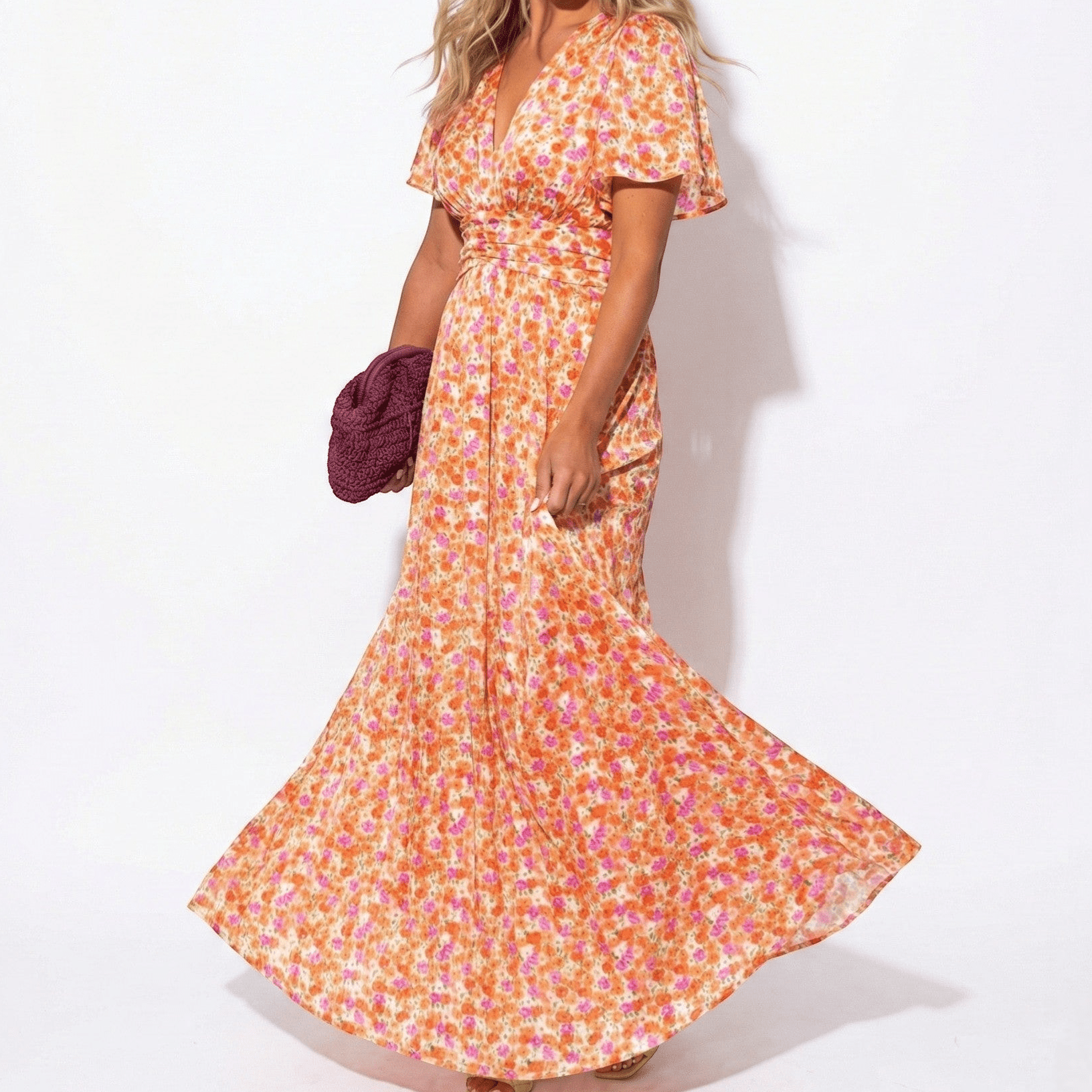 Daisy - Women's Floral Maxi Dress with V - Neck and Flutter Sleeves - Dress - Orange - Taylor & Bennett
