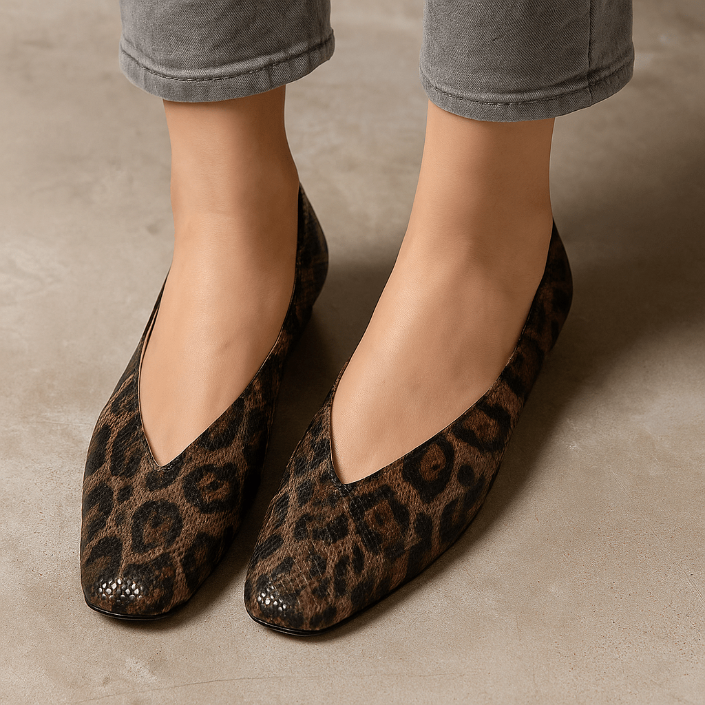 Daisy - Women's Leopard Print Flats with Square Toe - Sandals - Dark Brown - Taylor & Bennett