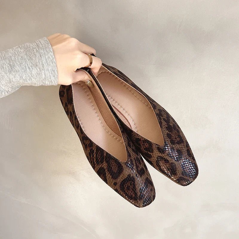 Daisy - Women's Leopard Print Flats with Square Toe - Sandals - Dark Brown - Taylor & Bennett