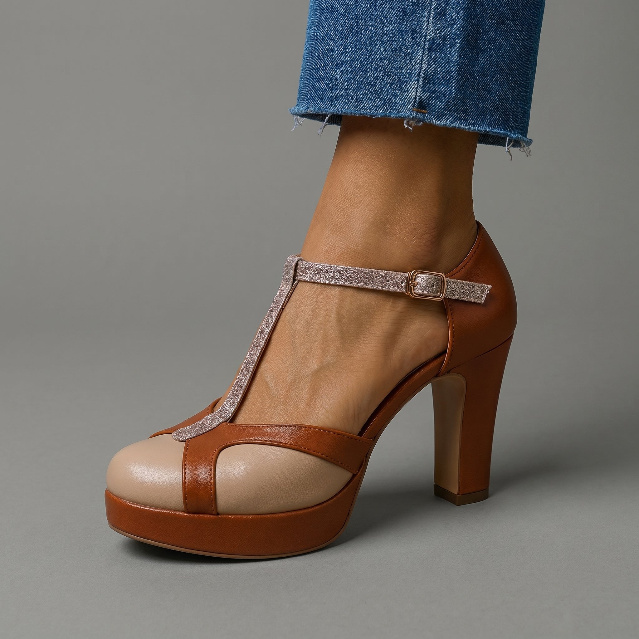 Daisy - Women's Platform Block Heel Sandals with T - Bar Strap - Heels - Brown - Taylor & Bennett