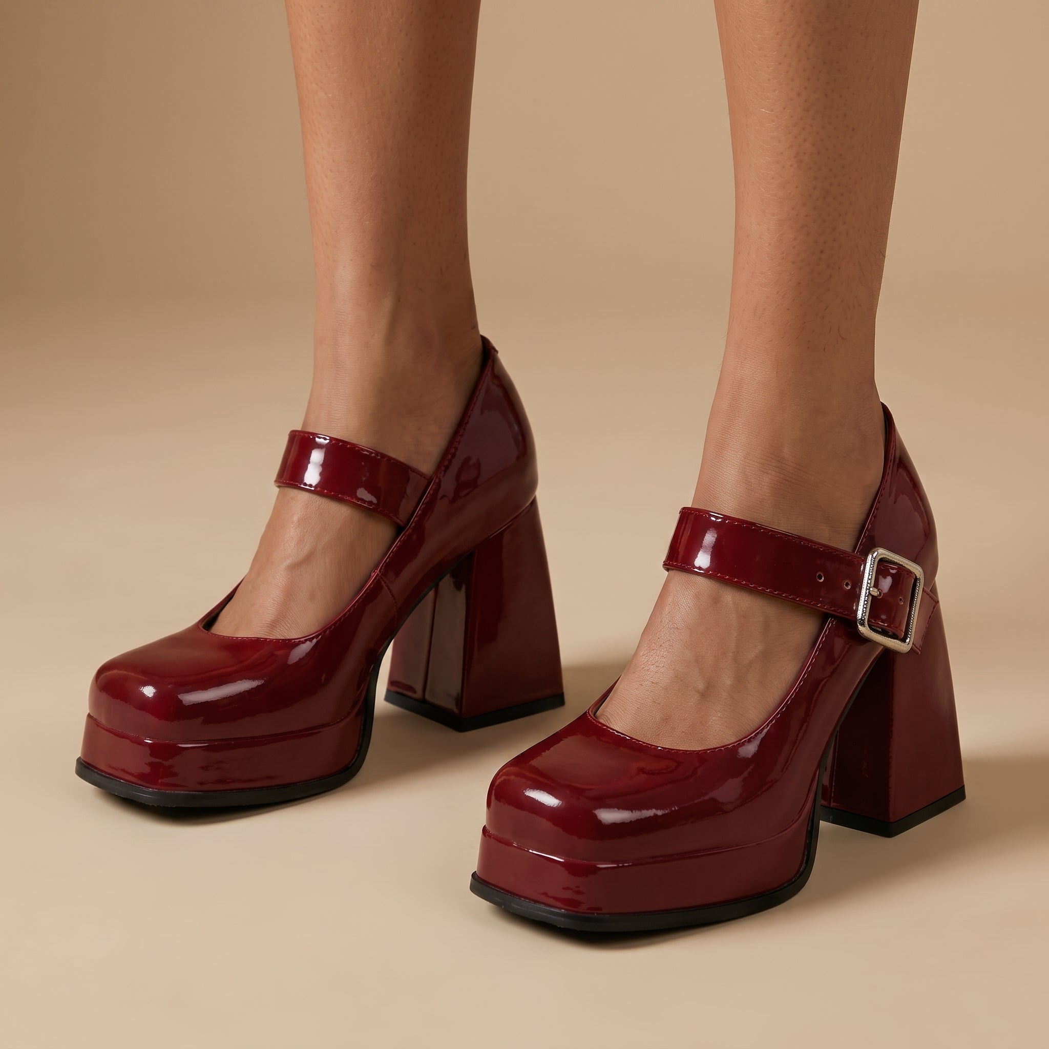 Daisy - Women's Platform Mary Jane Pupms with Buckle Strap - Heels - Wine Red - Taylor & Bennett