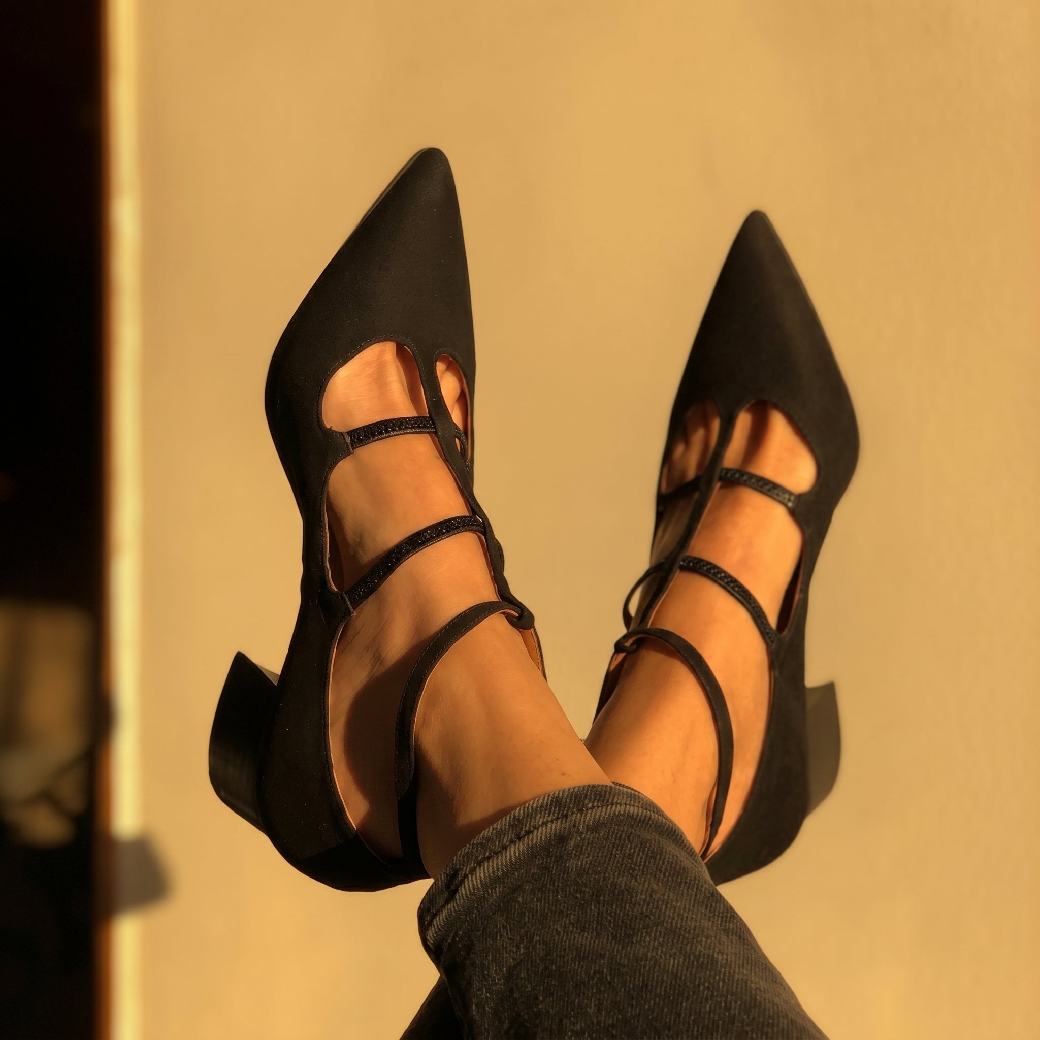 Daisy - Women's Pointed Toe Multi - Strap Kitten Heel Pumps - Heels - Black - Taylor & Bennett