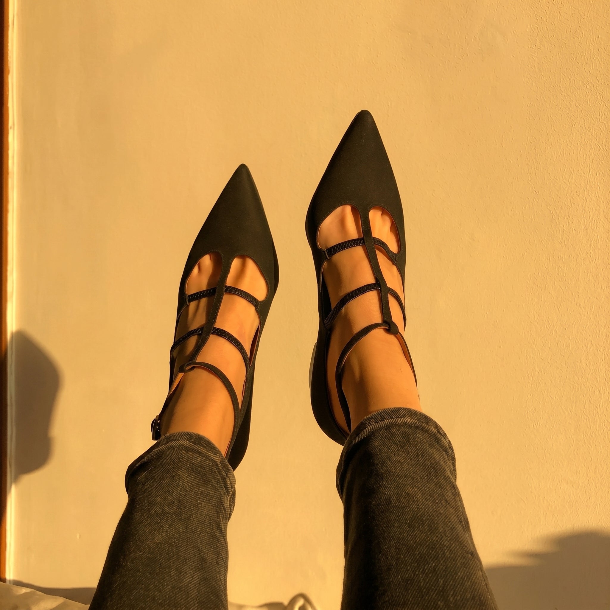 Daisy - Women's Pointed Toe Multi - Strap Kitten Heel Pumps - Heels - Black - Taylor & Bennett