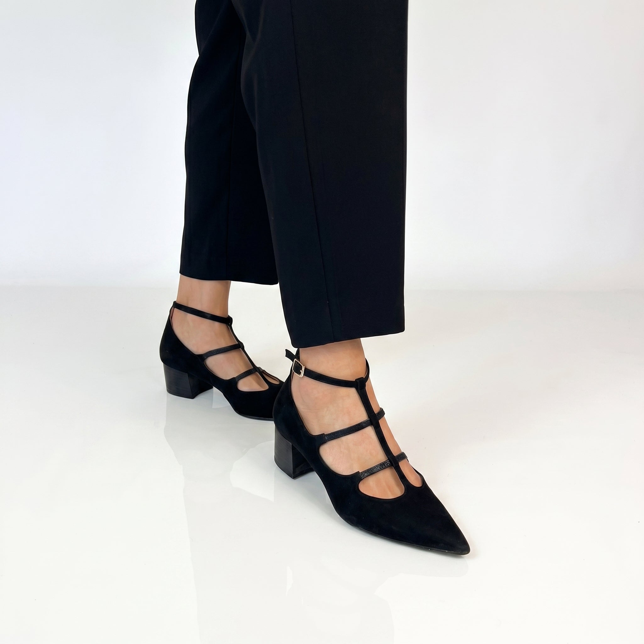 Daisy - Women's Pointed Toe Multi - Strap Kitten Heel Pumps - Heels - Black - Taylor & Bennett