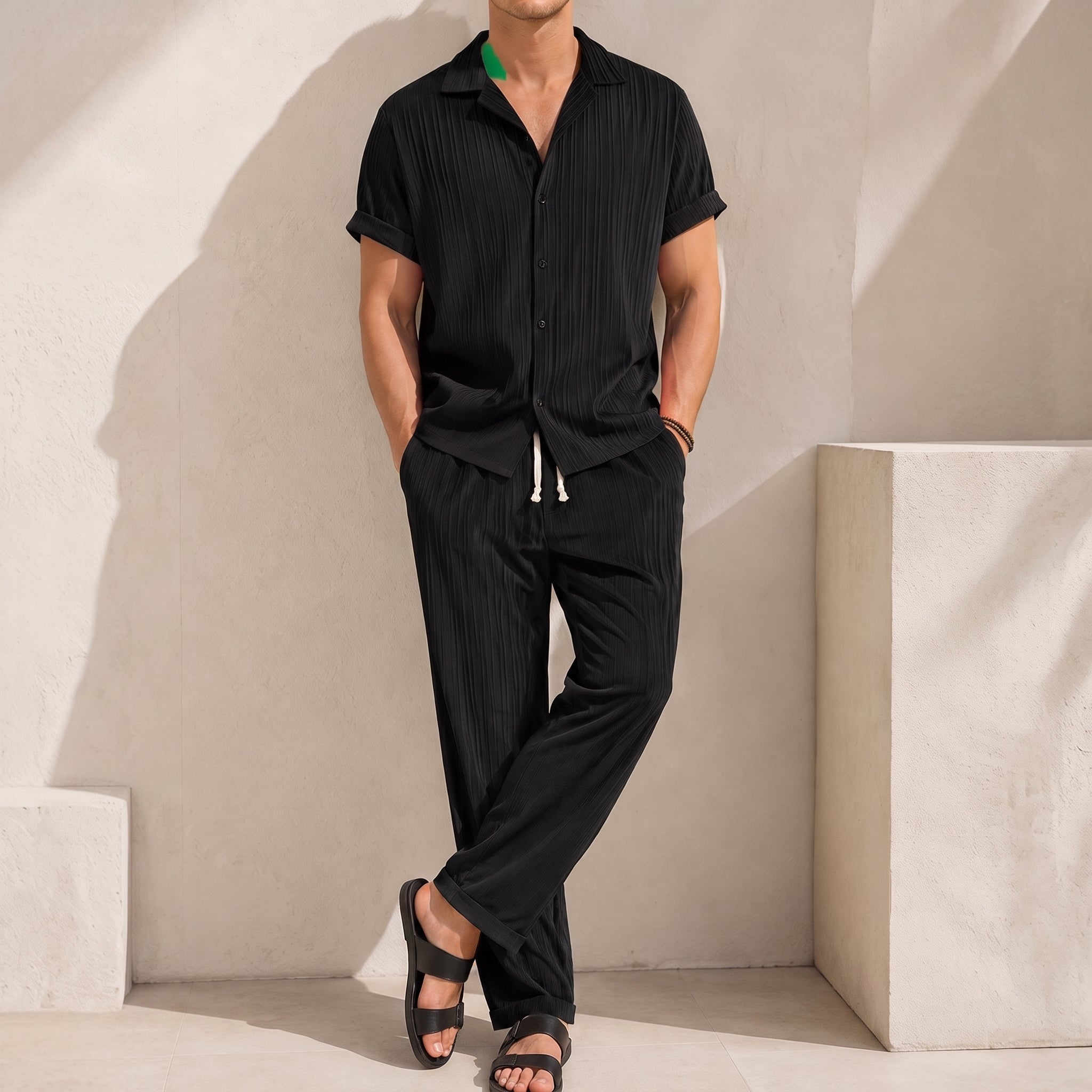 Daniel - Men's Summer Relaxed Vertical Stripe Co-ord Set - Outfit Sets - Black - Taylor & Bennett