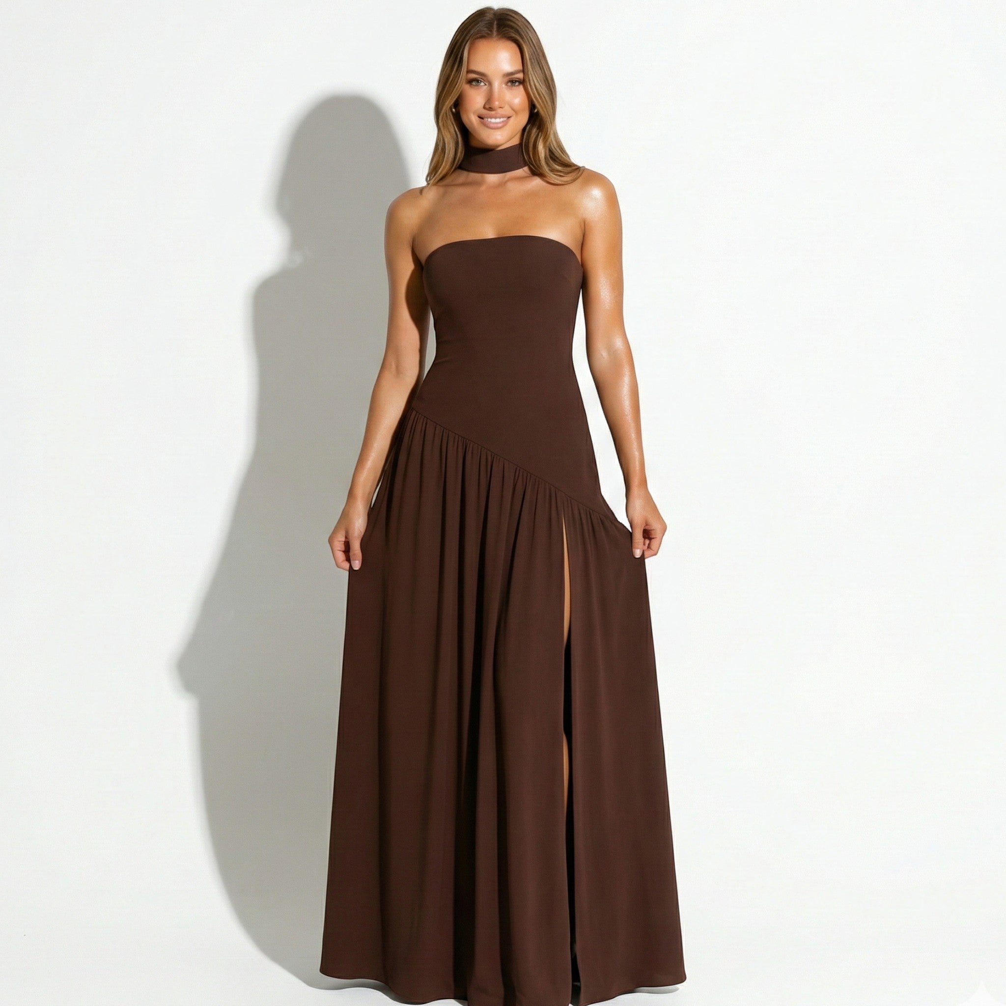 Deborah - Women's Strapless Maxi Dress with High Slit and Choker - Dresses - Brown - Taylor & Bennett