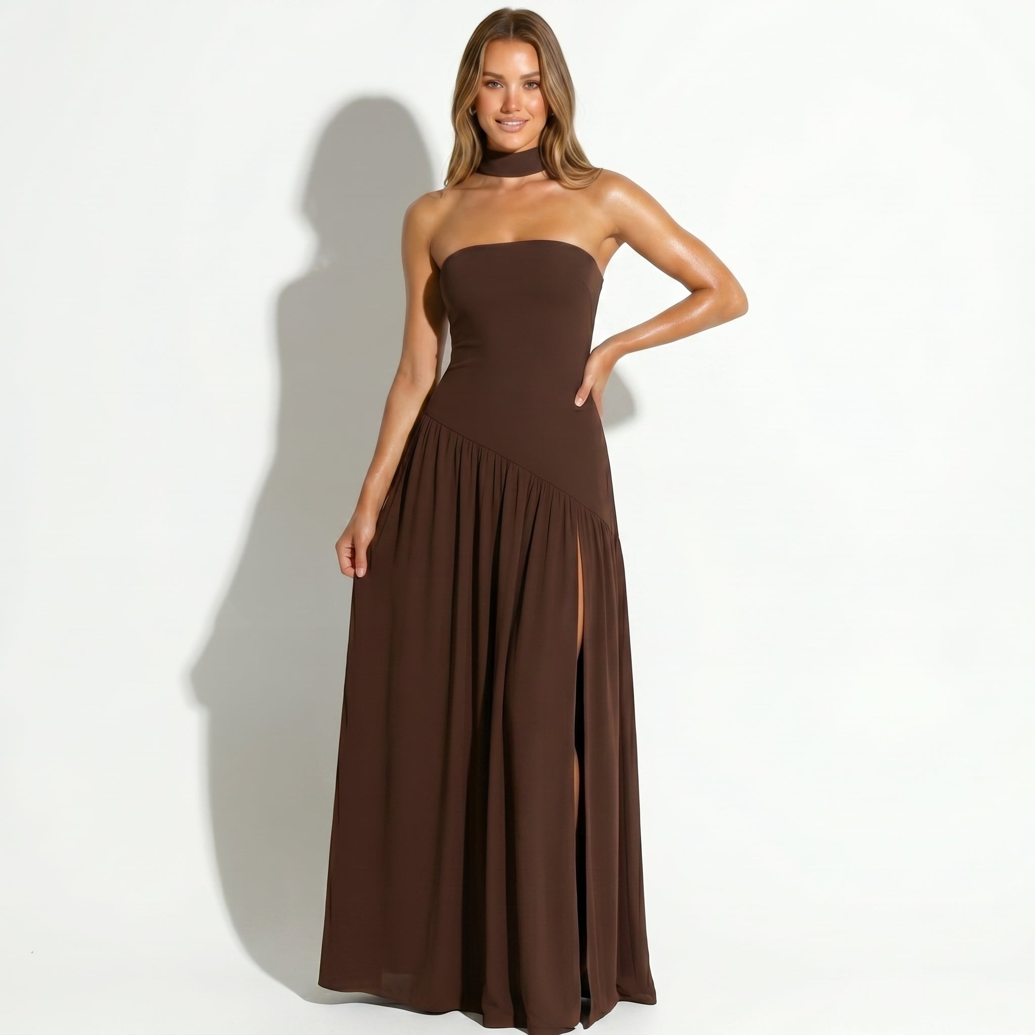Deborah - Women's Wedding Guest Maxi Dress with High Slit - Dresses - Brown - Taylor & Bennett