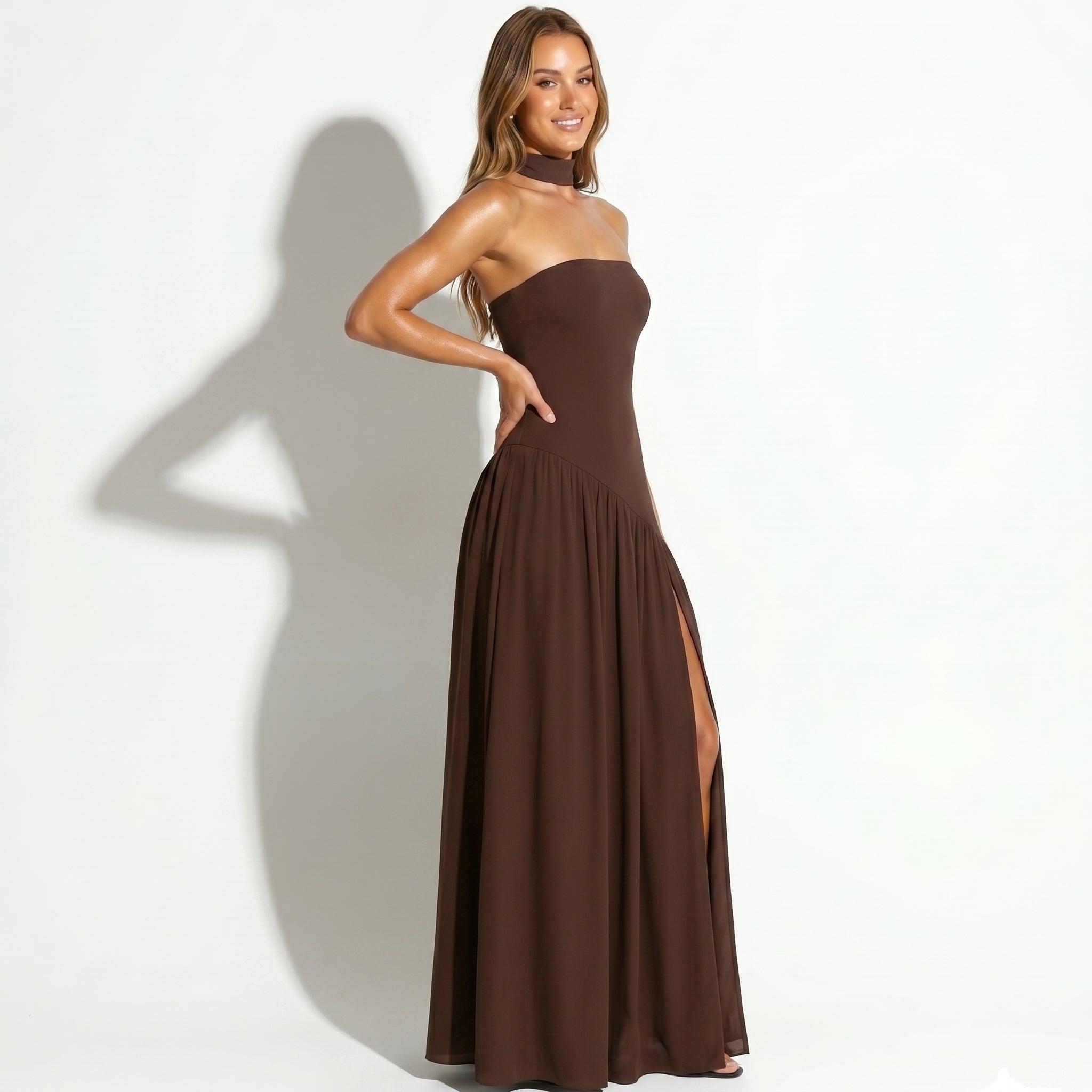 Deborah - Women's Wedding Guest Maxi Dress with High Slit - Dresses - Brown - Taylor & Bennett