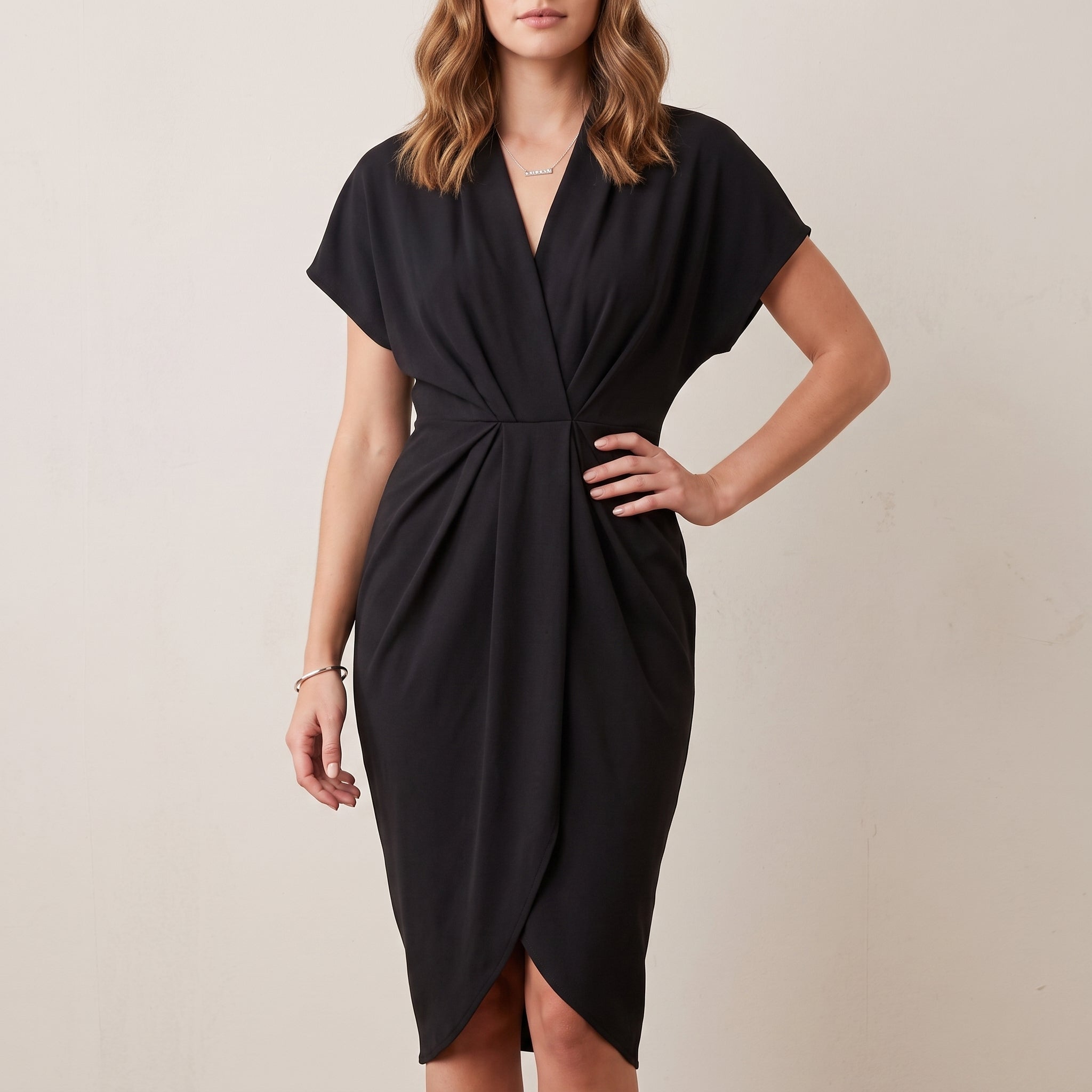 Diana - Women's Evening Slit Draped Midi Dress - Dresses - Black - Taylor & Bennett