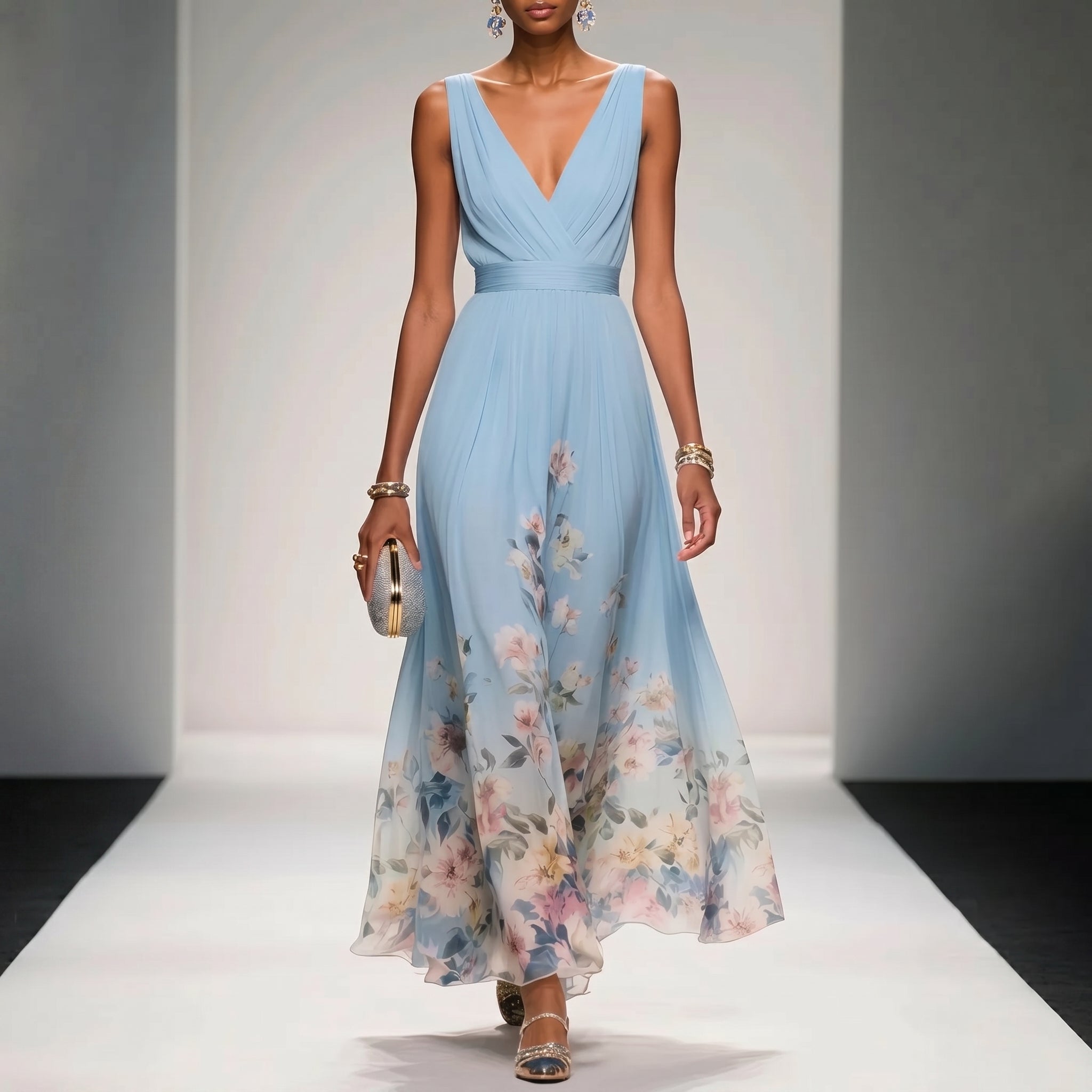 Diana - Women's Wedding Guest Sleeveless Floral Maxi Dress - Maxi Dresses - Sky Blue - Taylor & Bennett
