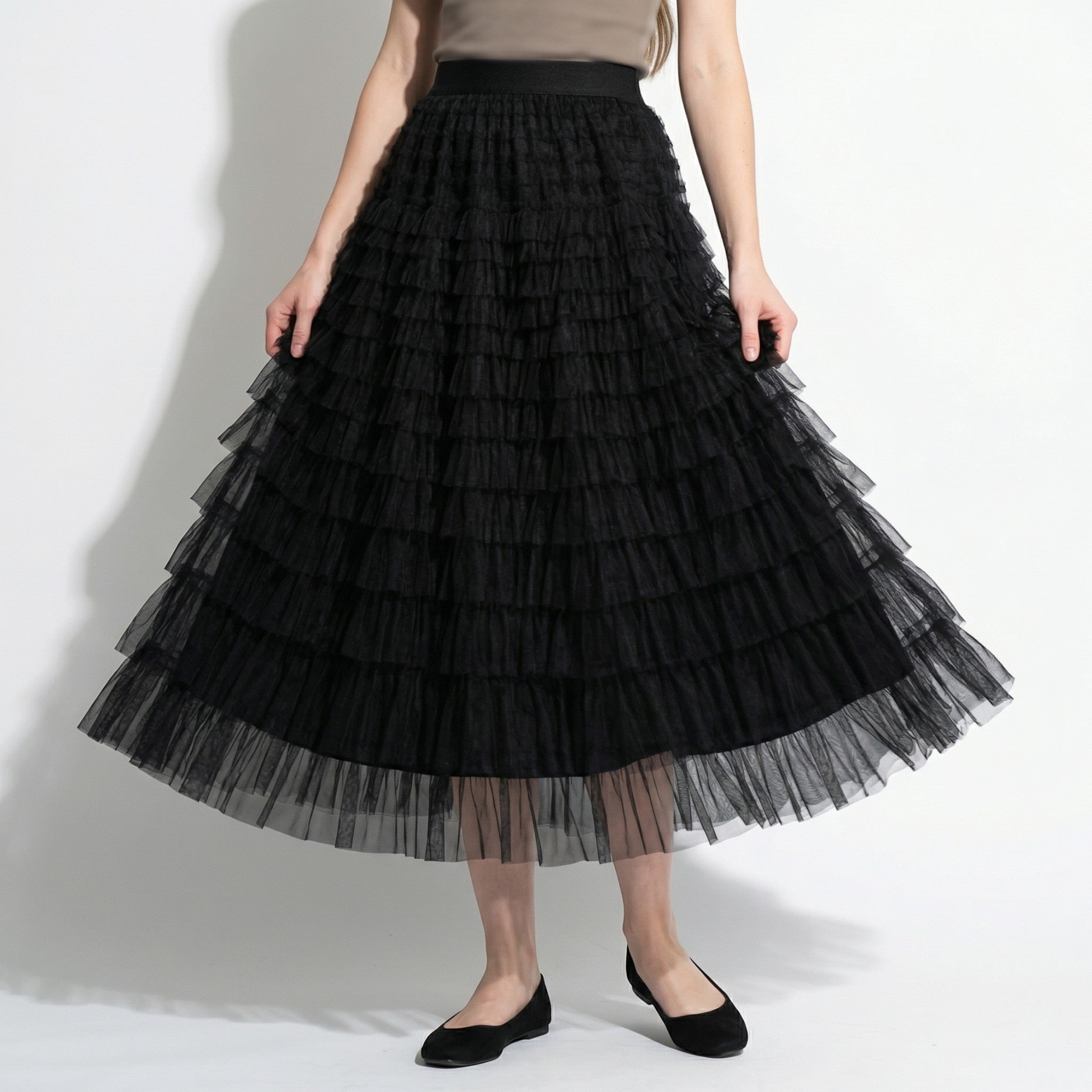 Dianne - Women's Summer Tiered Ruffle Tulle Maxi Skirt - Skirts - Black - Taylor & Bennett