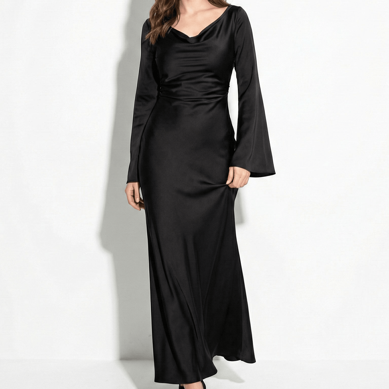 Dorothy - Women's Long Sleeve Maxi Dress with Flaring Skirt - Dress - Black - Taylor & Bennett