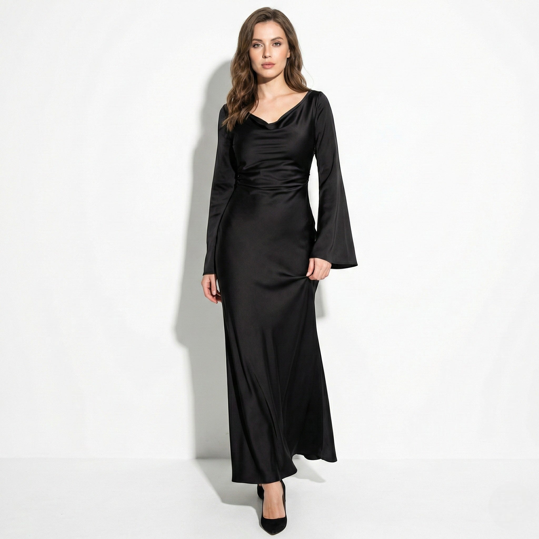 Dorothy - Women's Long Sleeve Maxi Dress with Flaring Skirt - Dress - Black - Taylor & Bennett