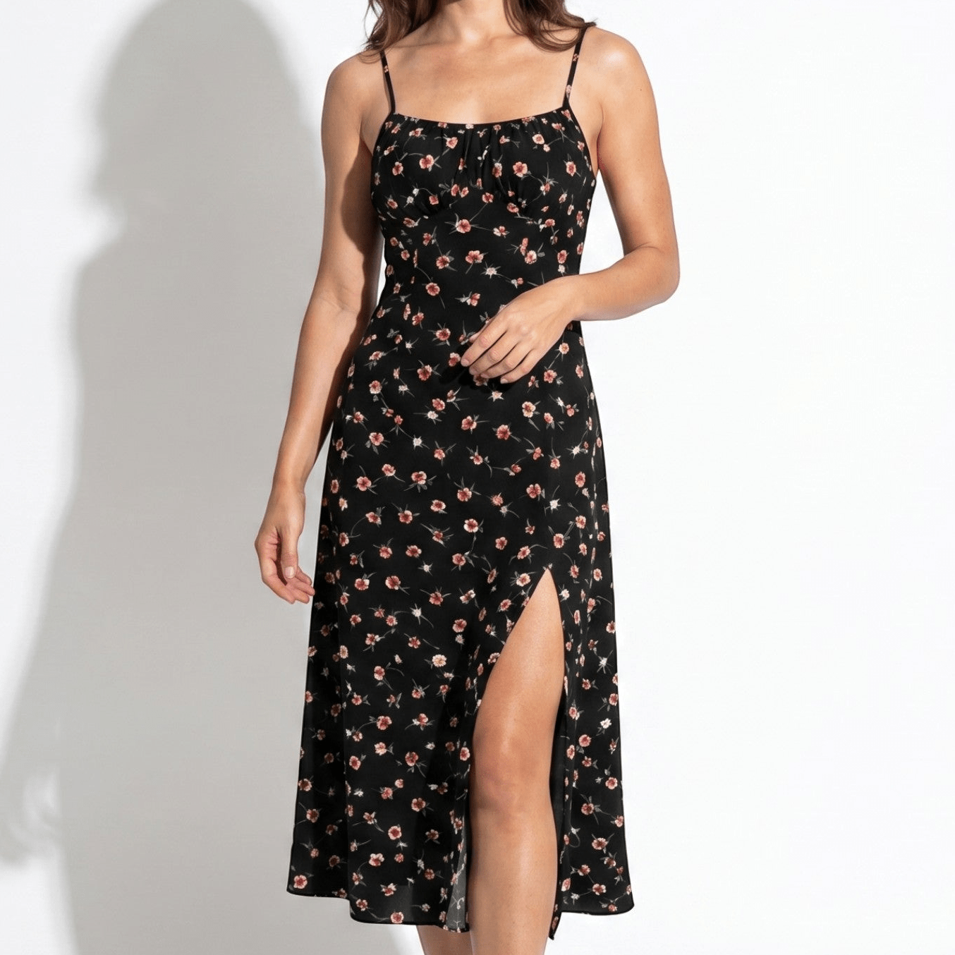 Dotty - Women's Summer Ruched Midi Dress with Side Split - Dress - Black - Taylor & Bennett