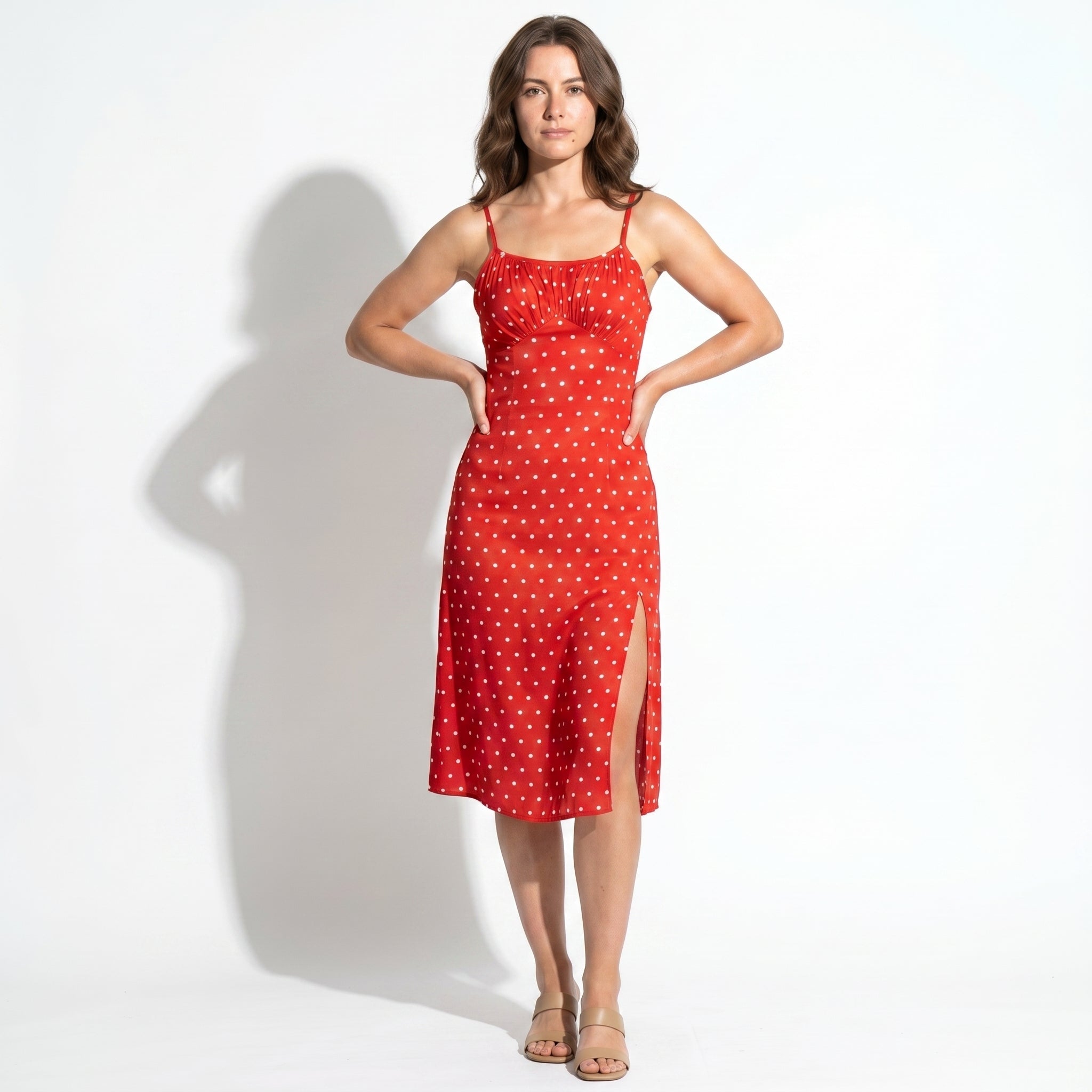 Dotty - Women's Summer Ruched Midi Dress with Side Split - Dress - Red - Taylor & Bennett
