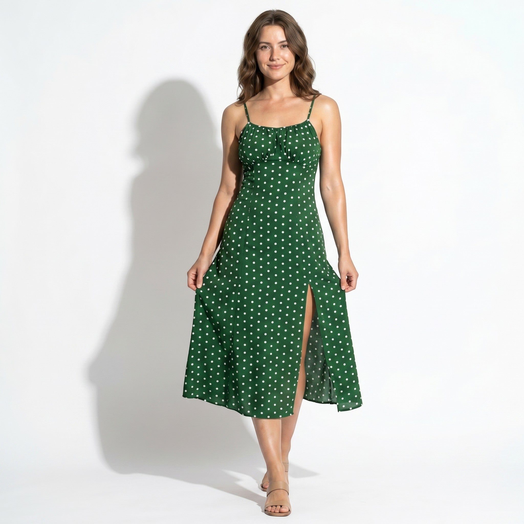 Dotty - Women's Summer Ruched Midi Dress with Side Split - Dress - Green - Taylor & Bennett