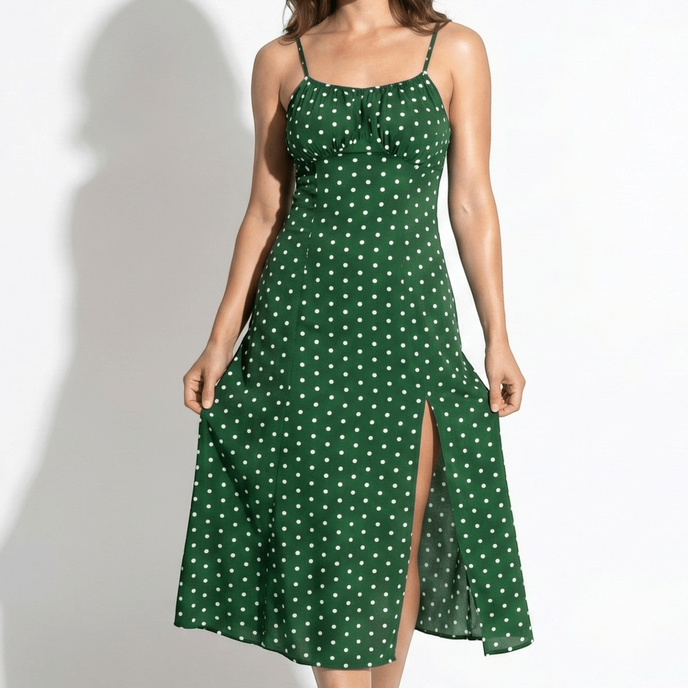 Dotty - Women's Summer Ruched Midi Dress with Side Split - Dress - Green - Taylor & Bennett