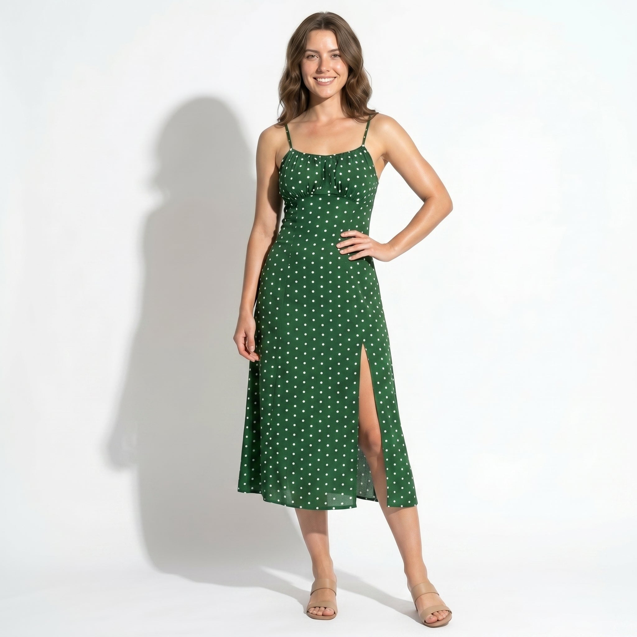 Dotty - Women's Summer Ruched Midi Dress with Side Split - Dress - Green - Taylor & Bennett