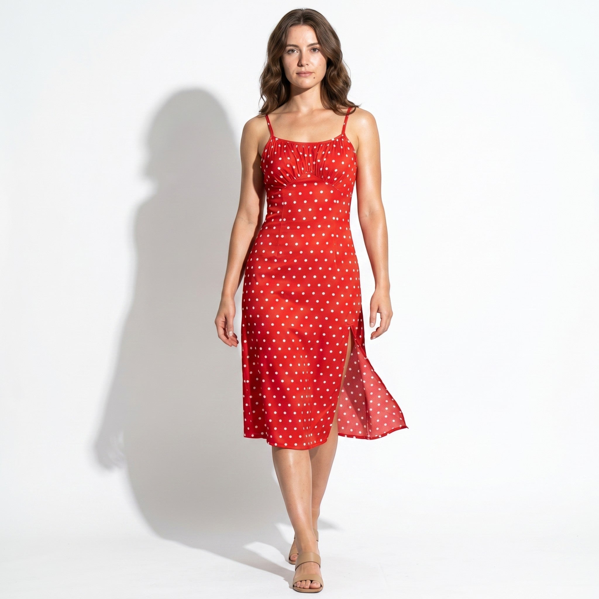 Dotty - Women's Summer Ruched Midi Dress with Side Split - Dress - Red - Taylor & Bennett