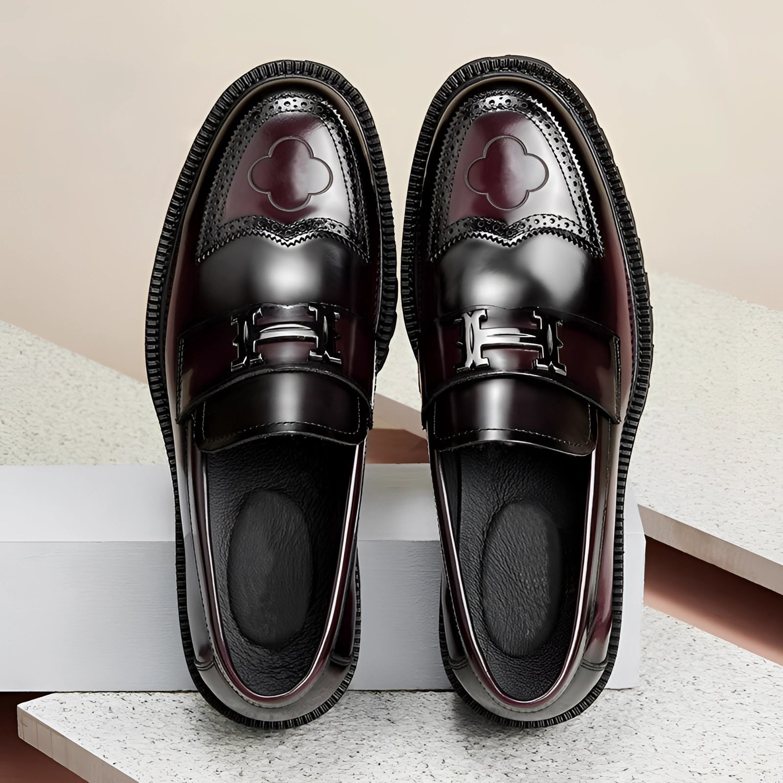 Edward - Men's Chunky Sole Loafers with Buckle Detail - Loafers - Wine Red - Taylor & Bennett