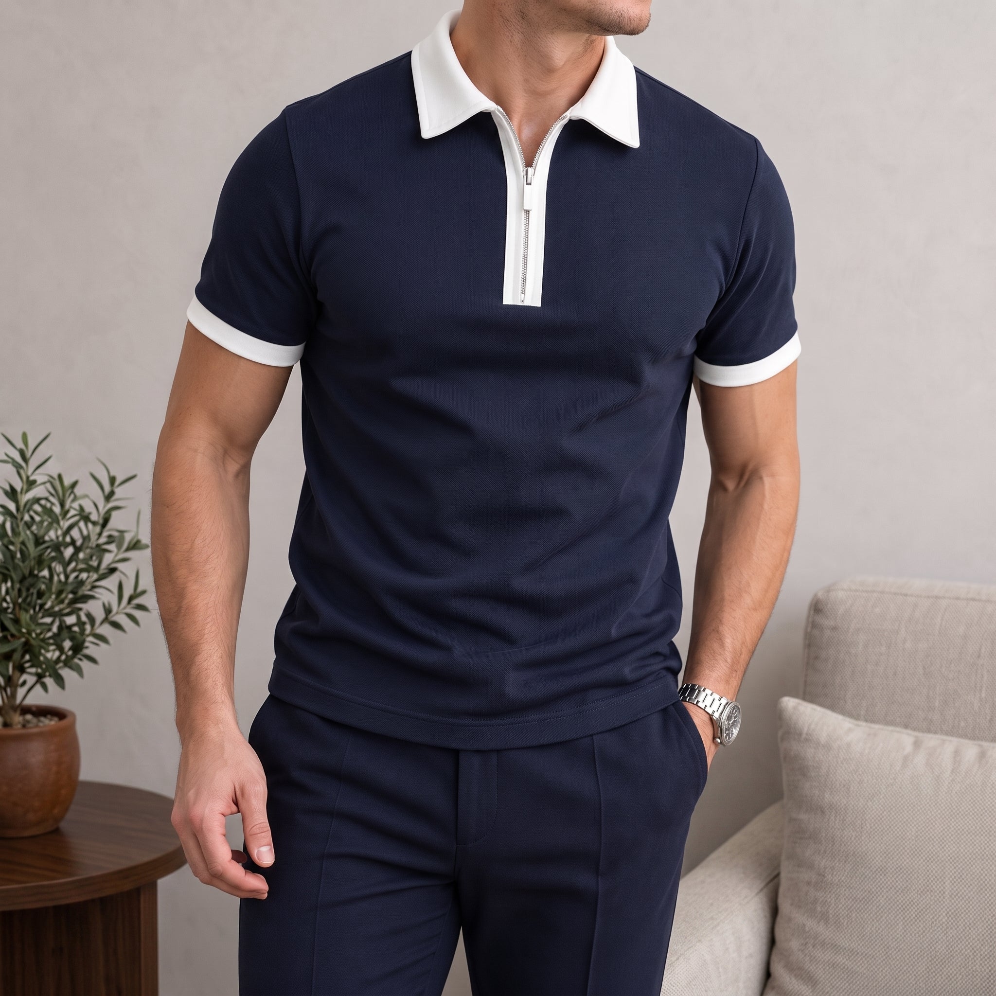 Edward - Men's Summer Contrast Collar Trim Zip Polo Shirt - Polos - Navy Blue - Taylor & Bennett